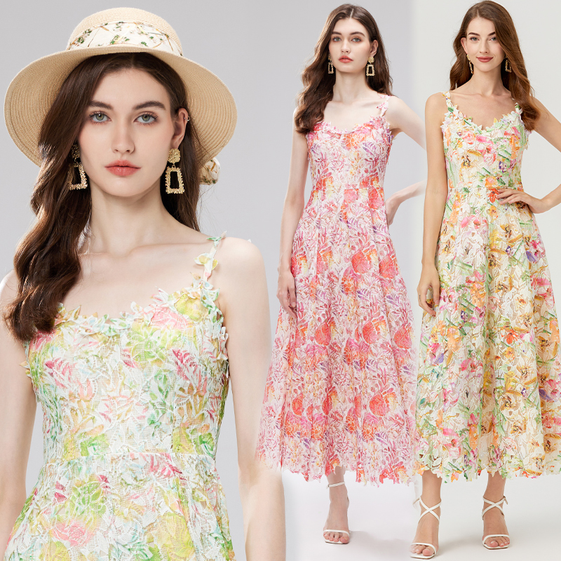 French style niche color three-dimensional flower hollow embroidery suspender skirt, water-soluble lace dress