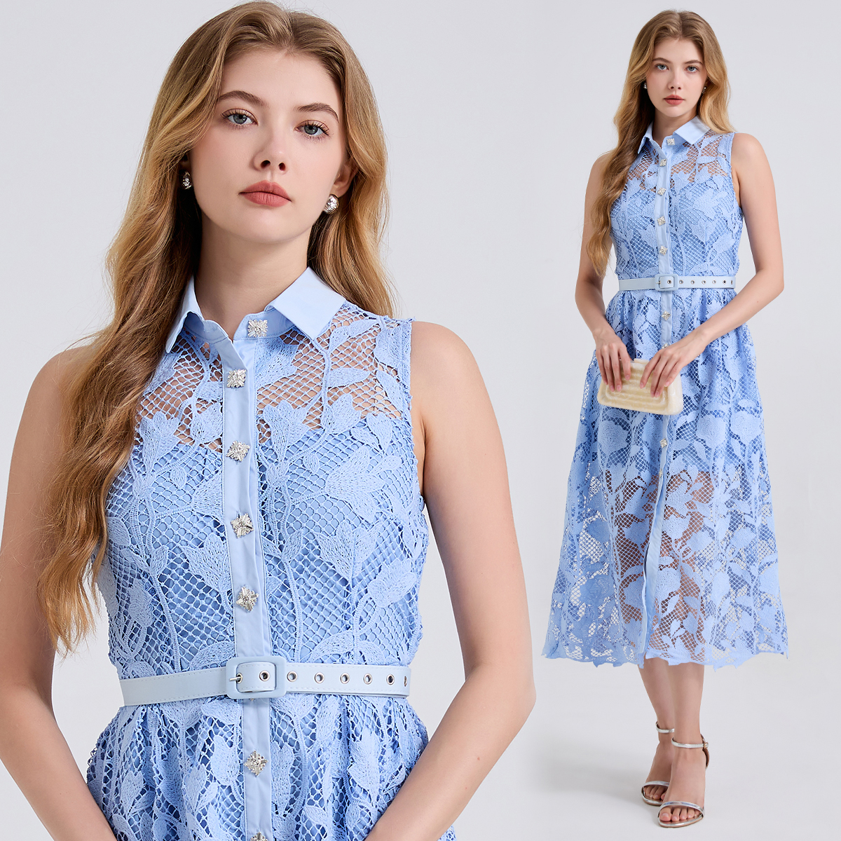 Real time shooting of summer new product, contrasting color shirt collar, slim fit high waisted sleeveless dress, waist cinched diamond buckle A-line skirt
