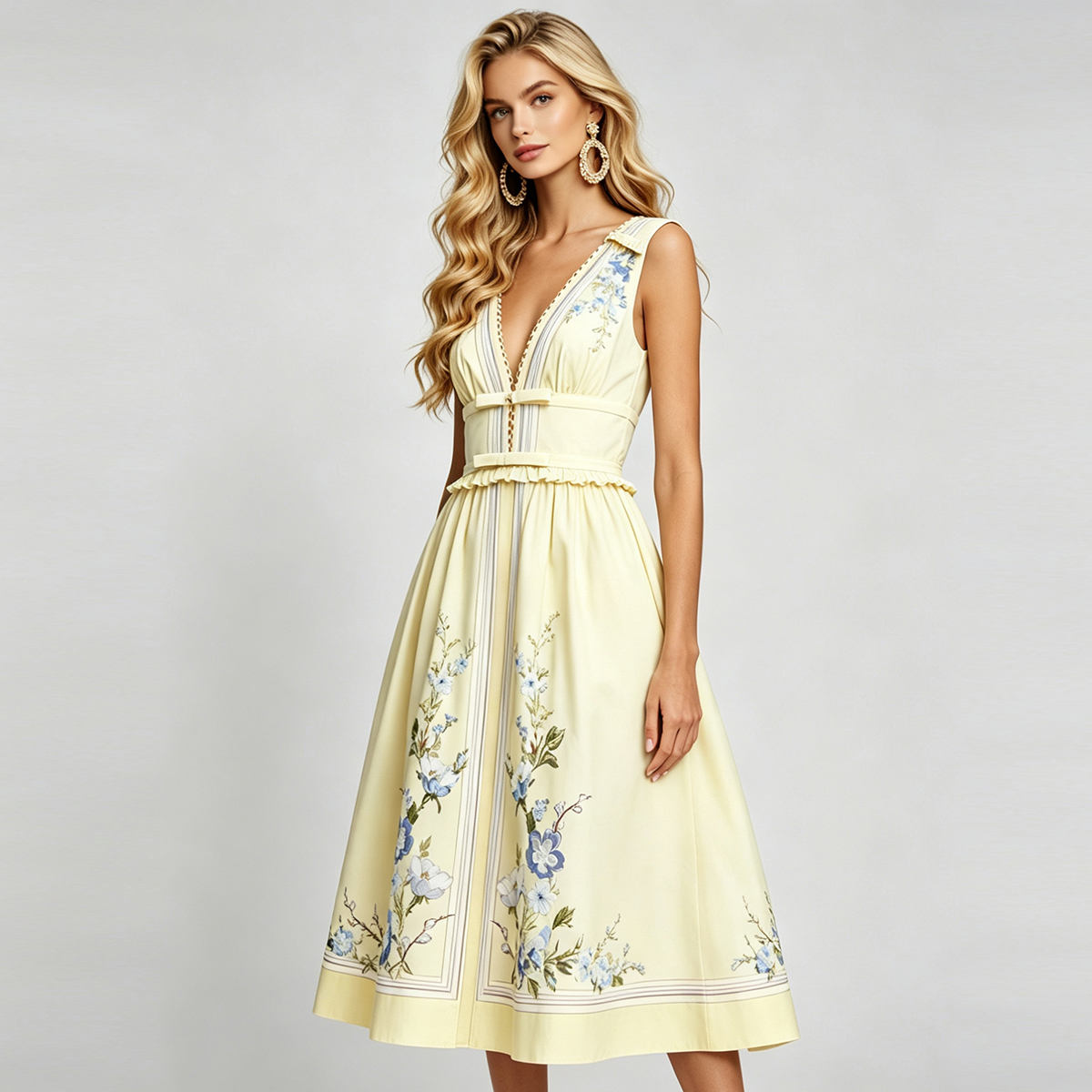 Real shot sexy V-neck bow ruffle hem slim fit waist cinching big swing dress sleeveless cotton linen A-line skirt Real shot sexy V-neck bow ruffle hem slim fit waist cinching big swing dress sleeveless cotton linen A-line skirt