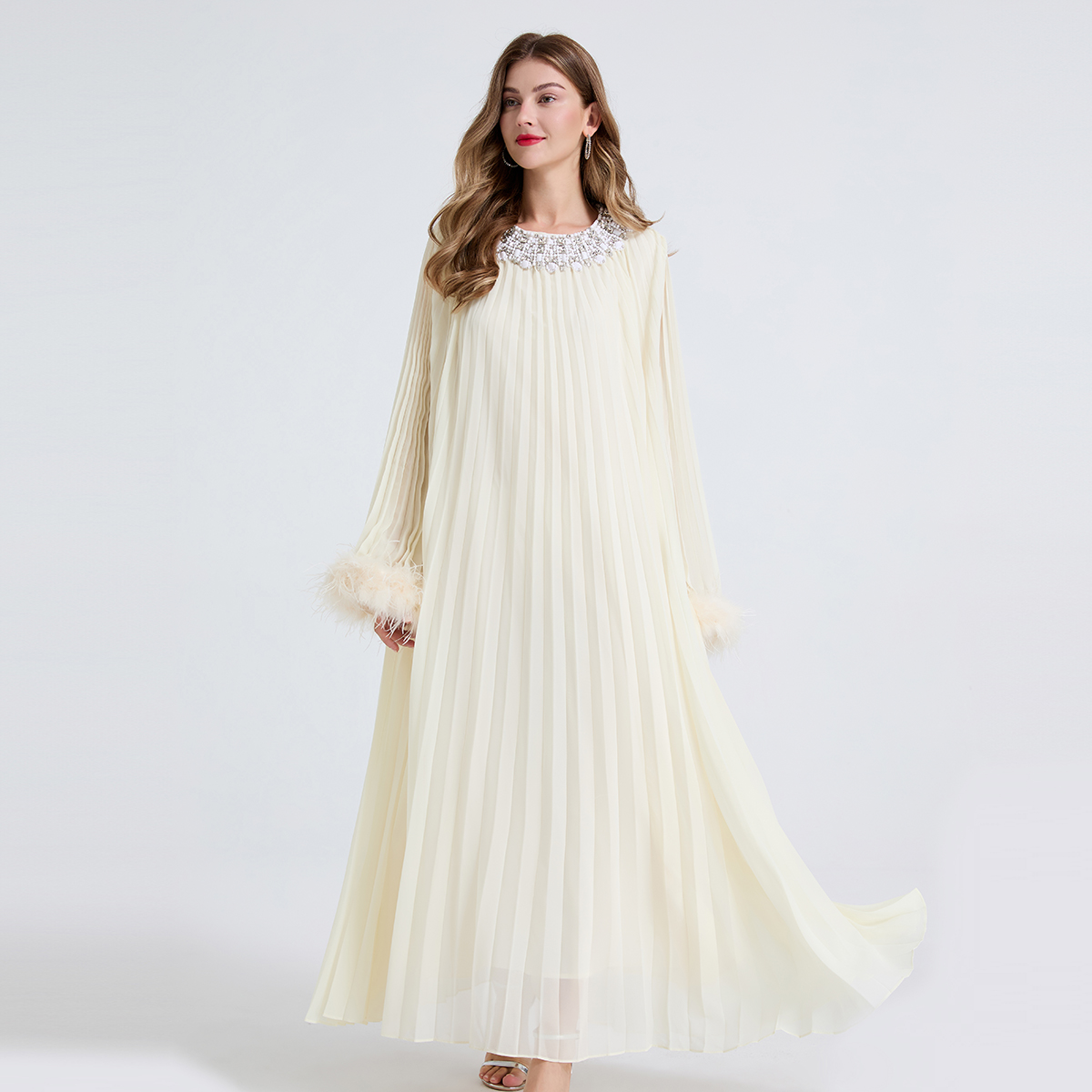 High version super heavy industry nail drill pleated large size oversized swing dress with real ostrich double hair and small waist belt as a gift High version super heavy industry nail drill pleated large size oversized swing dress with real ostrich double hair and small waist belt as a gift
