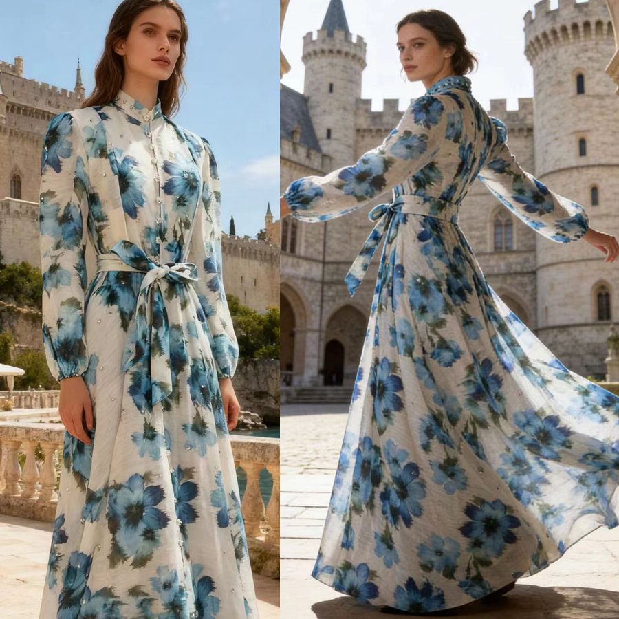 Australian retro print stand up collar lantern sleeves long sleeves heavy studded diamonds elegant socialite temperament two-piece dress long Australian retro print stand up collar lantern sleeves long sleeves heavy studded diamonds elegant socialite temperament two-piece dress long