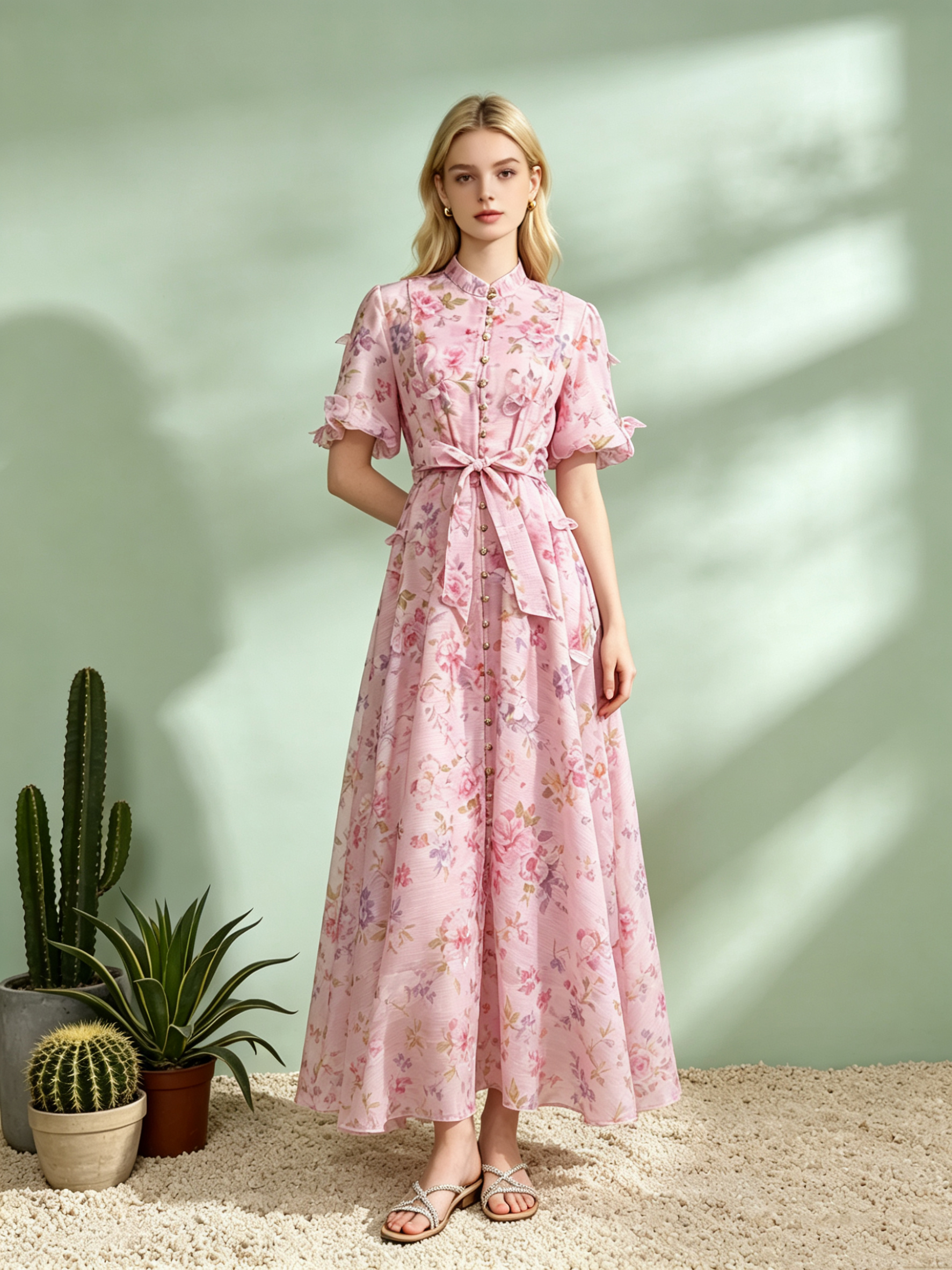 Summer elegant socialite temperament retro printed bubble sleeves short sleeved stand up collar single breasted waist slimming dress long Summer elegant socialite temperament retro printed bubble sleeves short sleeved stand up collar single breasted waist slimming dress long