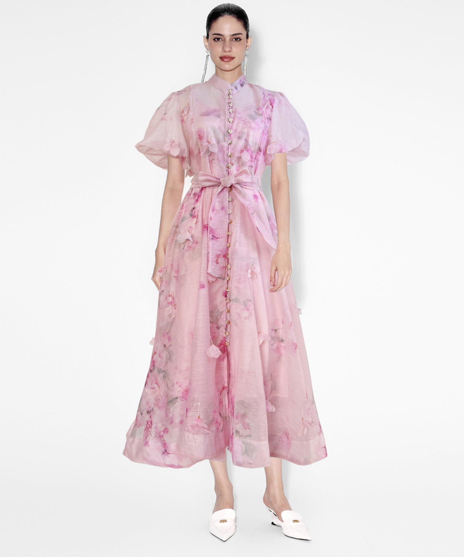 Summer elegant socialite temperament retro printed bubble sleeves short sleeved stand up collar single breasted waist slimming dress long Summer elegant socialite temperament retro printed bubble sleeves short sleeved stand up collar single breasted waist slimming dress long