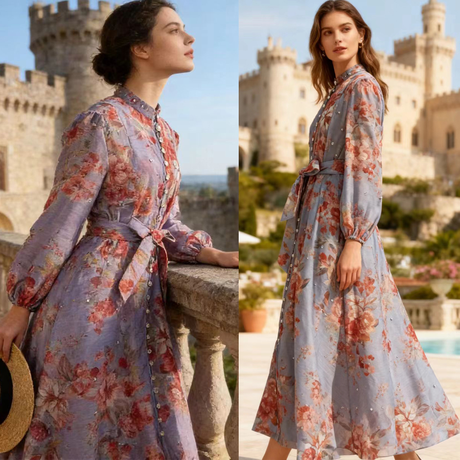 Australian retro print stand up collar lantern sleeves long sleeves heavy studded beads elegant socialite temperament two-piece dress long Australian retro print stand up collar lantern sleeves long sleeves heavy studded beads elegant socialite temperament two-piece dress long