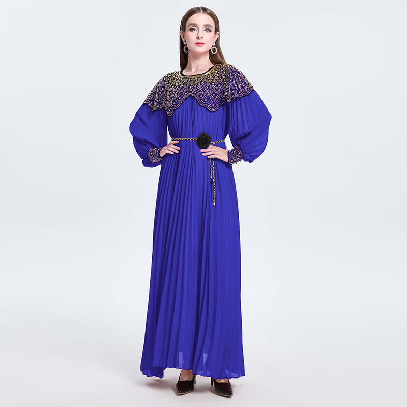 Light luxury high-end embroidered bead sequin round neck long sleeved dress, super fairy pleated elegant dress Light luxury high-end embroidered bead sequin round neck long sleeved dress, super fairy pleated elegant dress