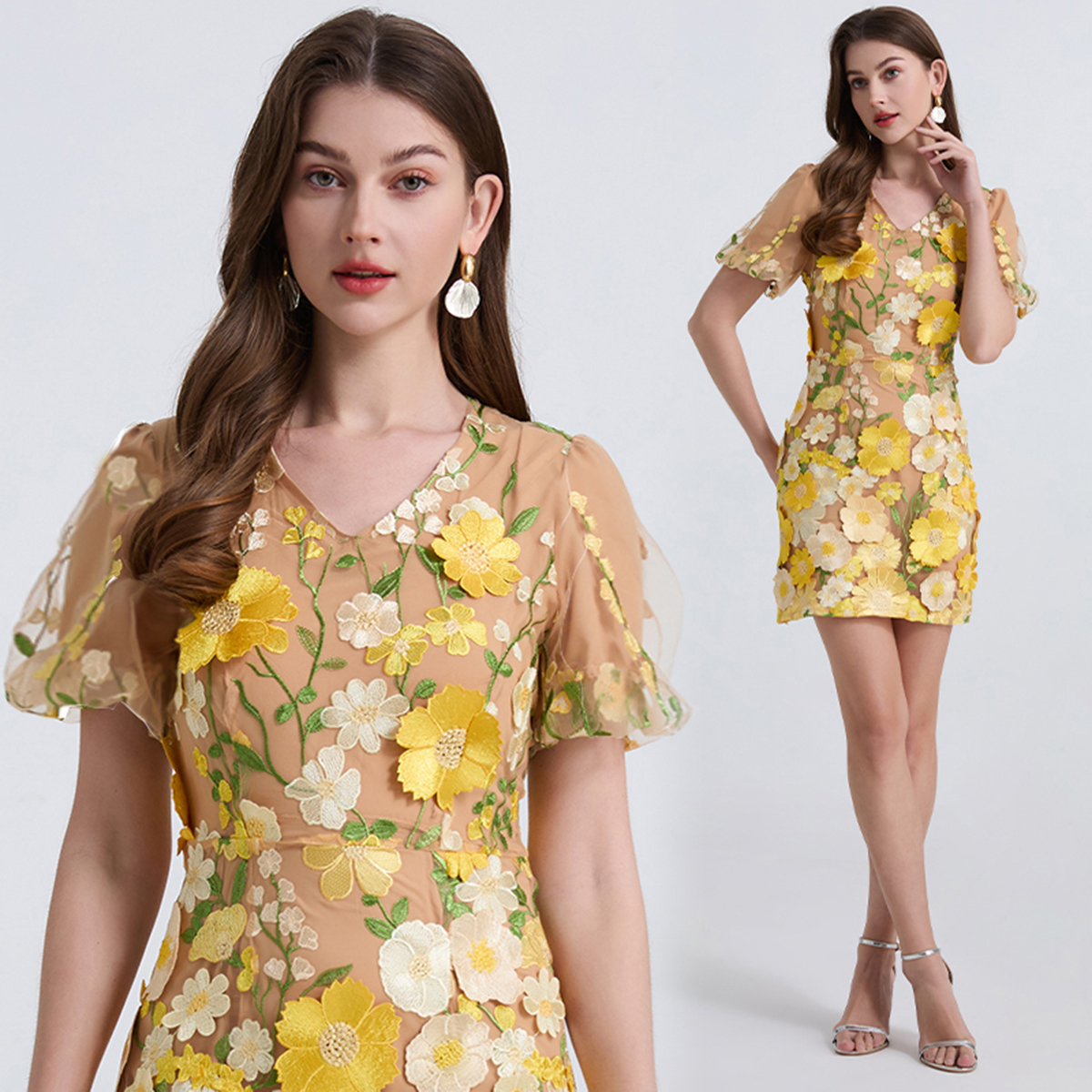 Real shot 773 # Heavy Industry Embroidered 3D Stickers Summer Elegant Bubble Sleeve Dress V-neck Small Dress