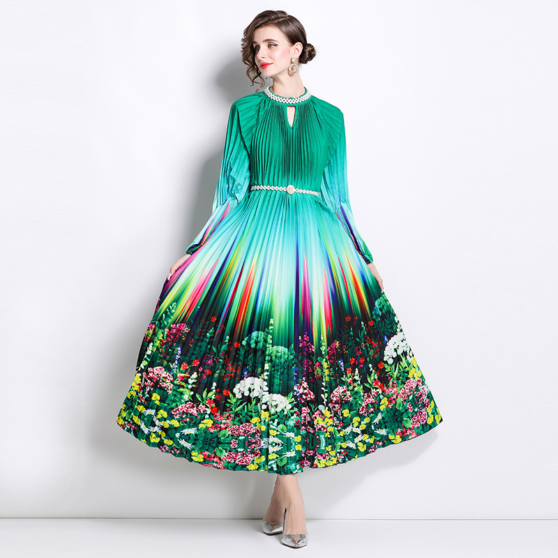 Original 2026 high-end nail bead positioning printed pleated pearl buckle pleated long skirt Original 2026 high-end nail bead positioning printed pleated pearl buckle pleated long skirt