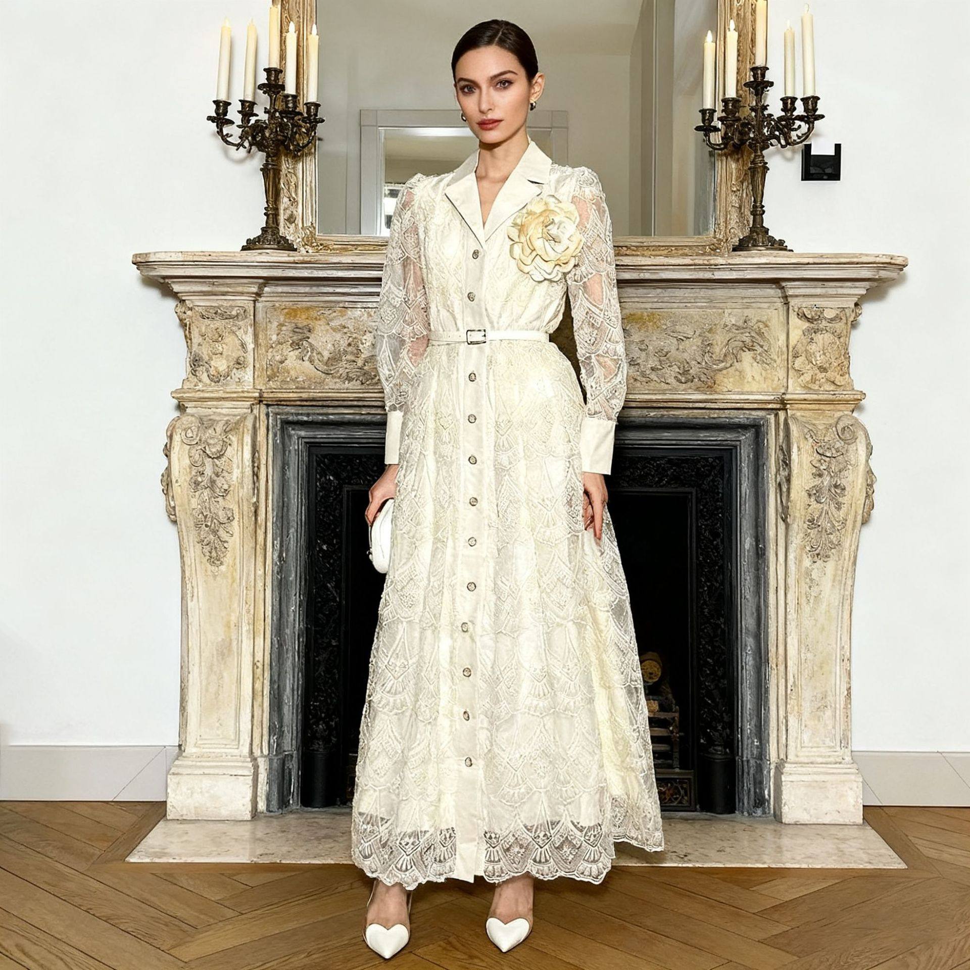 French socialite style heavy industry hollow embroidery dress for women 2026 new style single breasted buckle with waist belt, slimming long skirt French socialite style heavy industry hollow embroidery dress for women 2026 new style single breasted buckle with waist belt, slimming long skirt