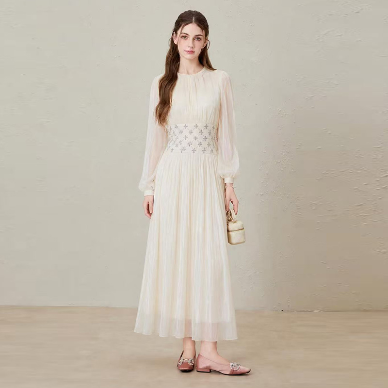 2026 glossy bubble long sleeved diamond grid nail drill waist pleated long skirt 2026 glossy bubble long sleeved diamond grid nail drill waist pleated long skirt