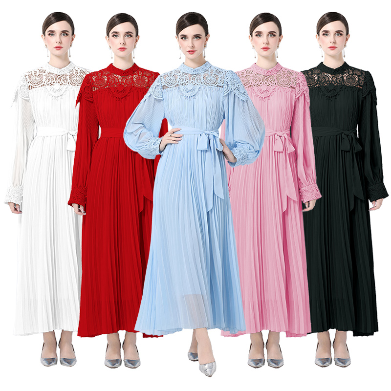 2025 Elegant Dress, Long Skirt with Waist, Stand up Collar, Long Sleeve, Large Swing Chiffon Dress