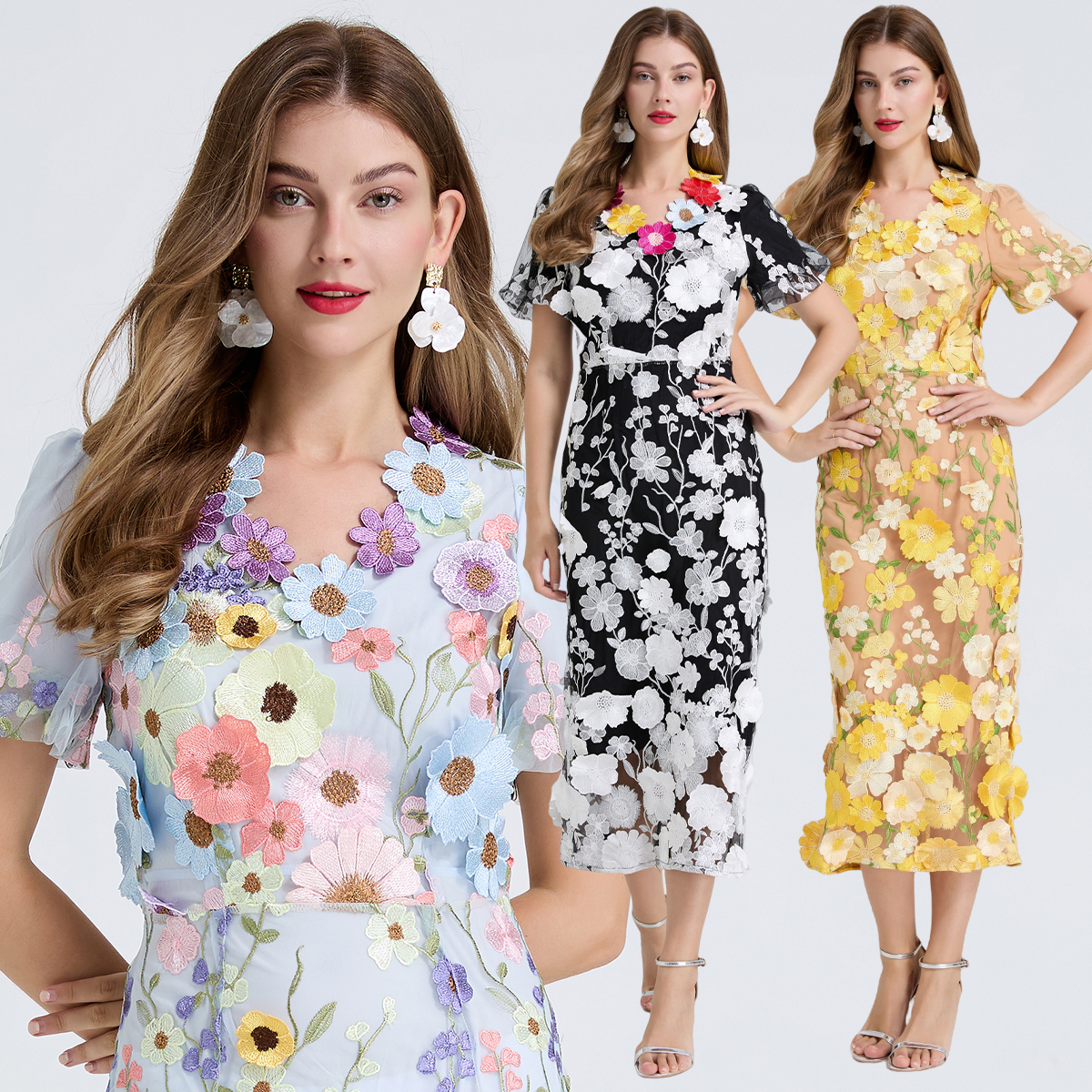 Heavy industry embroidery three-dimensional Vl collar decal summer elegant bubble sleeve dress V-neck split dress