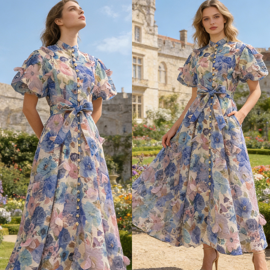 Australian New Elegant Women's Retro Printed Heavy duty Handmade Flower Decoration Waist Swing Dress Long Skirt Australian New Elegant Women's Retro Printed Heavy duty Handmade Flower Decoration Waist Swing Dress Long Skirt