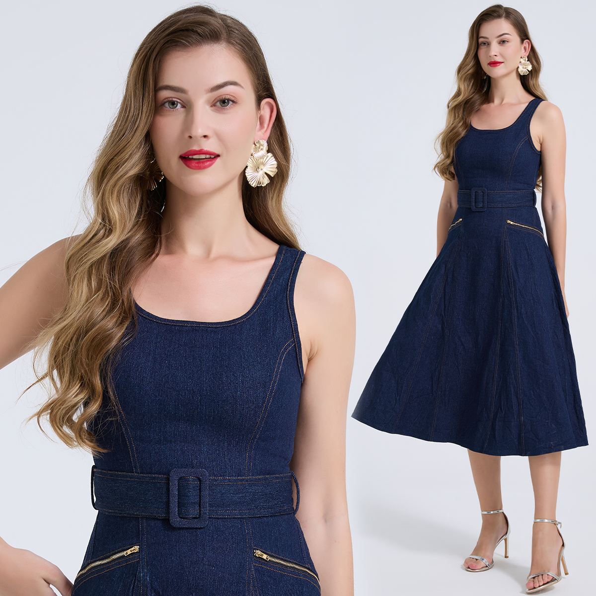 Real shooting of summer new product slim fit high waisted tank top dress with large swing sleeveless A-line skirt