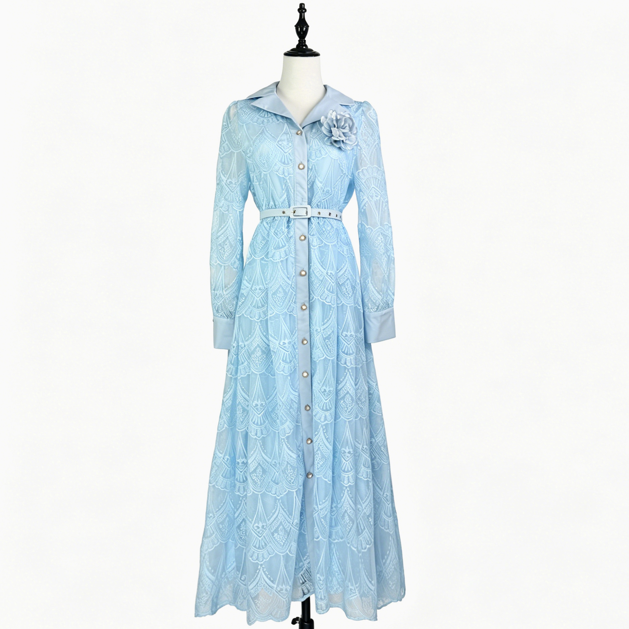 French socialite style heavy industry hollow embroidery dress for women 2026 new style single breasted buckle with waist belt, slimming long skirt French socialite style heavy industry hollow embroidery dress for women 2026 new style single breasted buckle with waist belt, slimming long skirt
