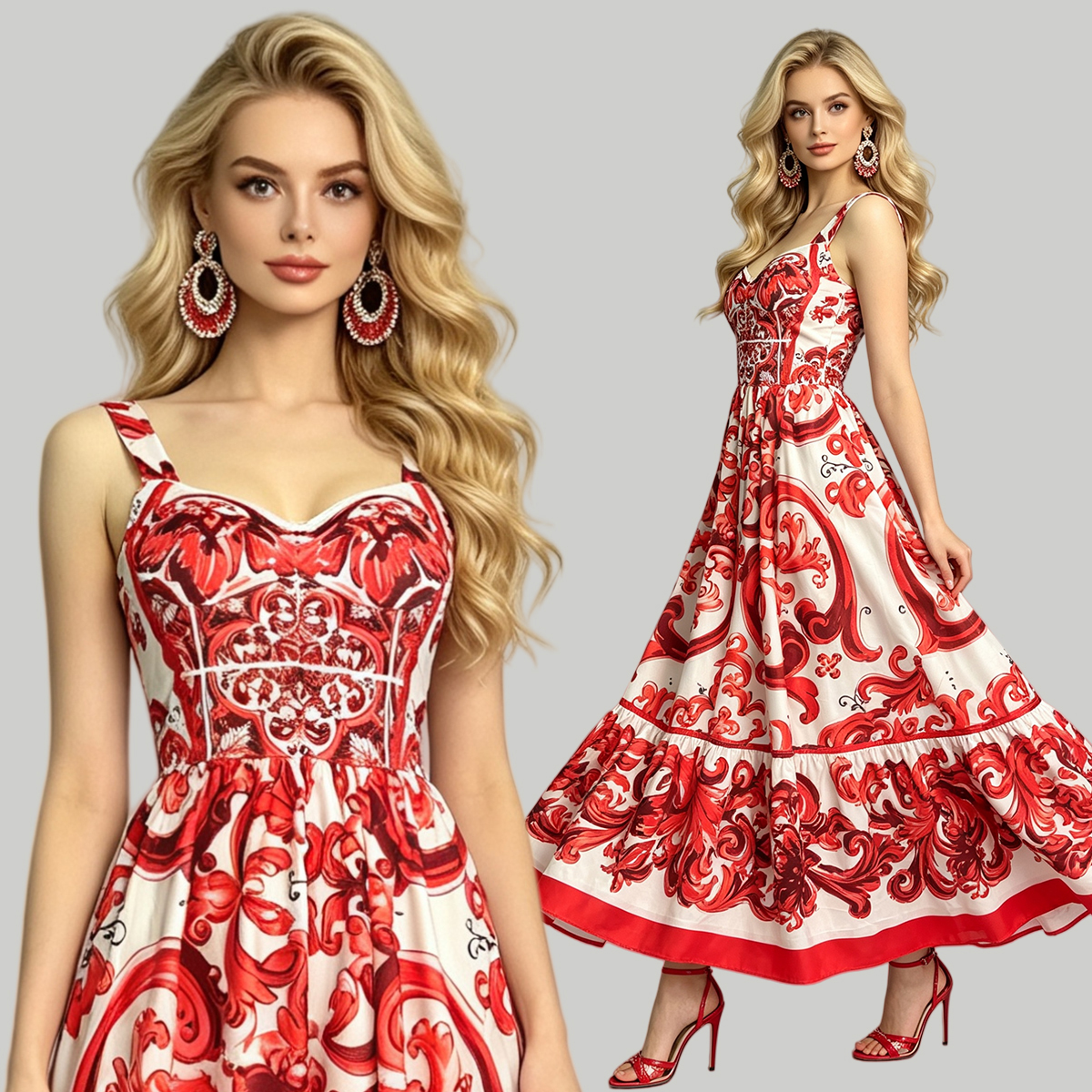 Fashionable printed positioning sling slim fit waist dress with elastic A-line skirt at the back