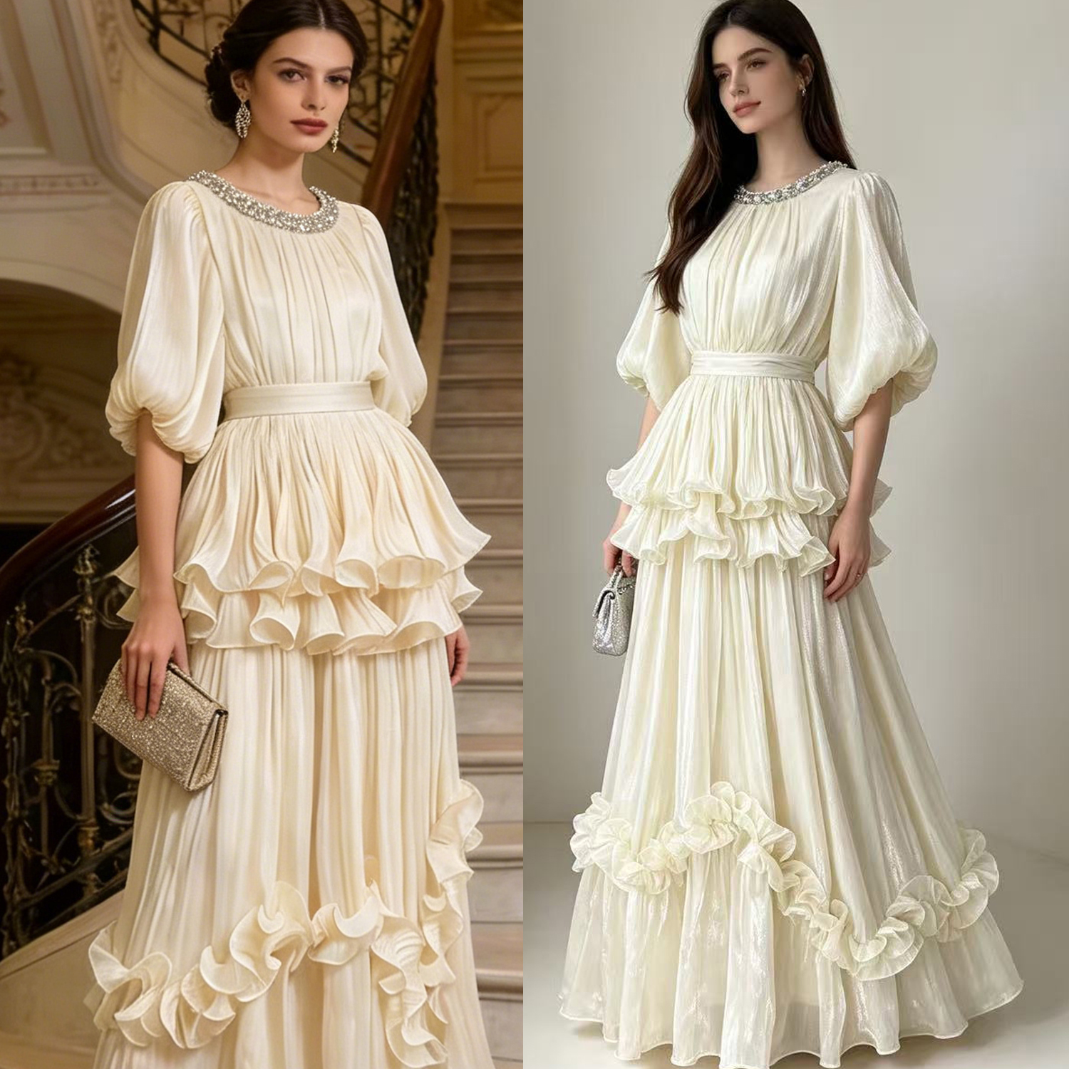 French court style bubble sleeve dress, women's waist cinched, ruffled cake skirt, elegant retro long skirt, formal dress