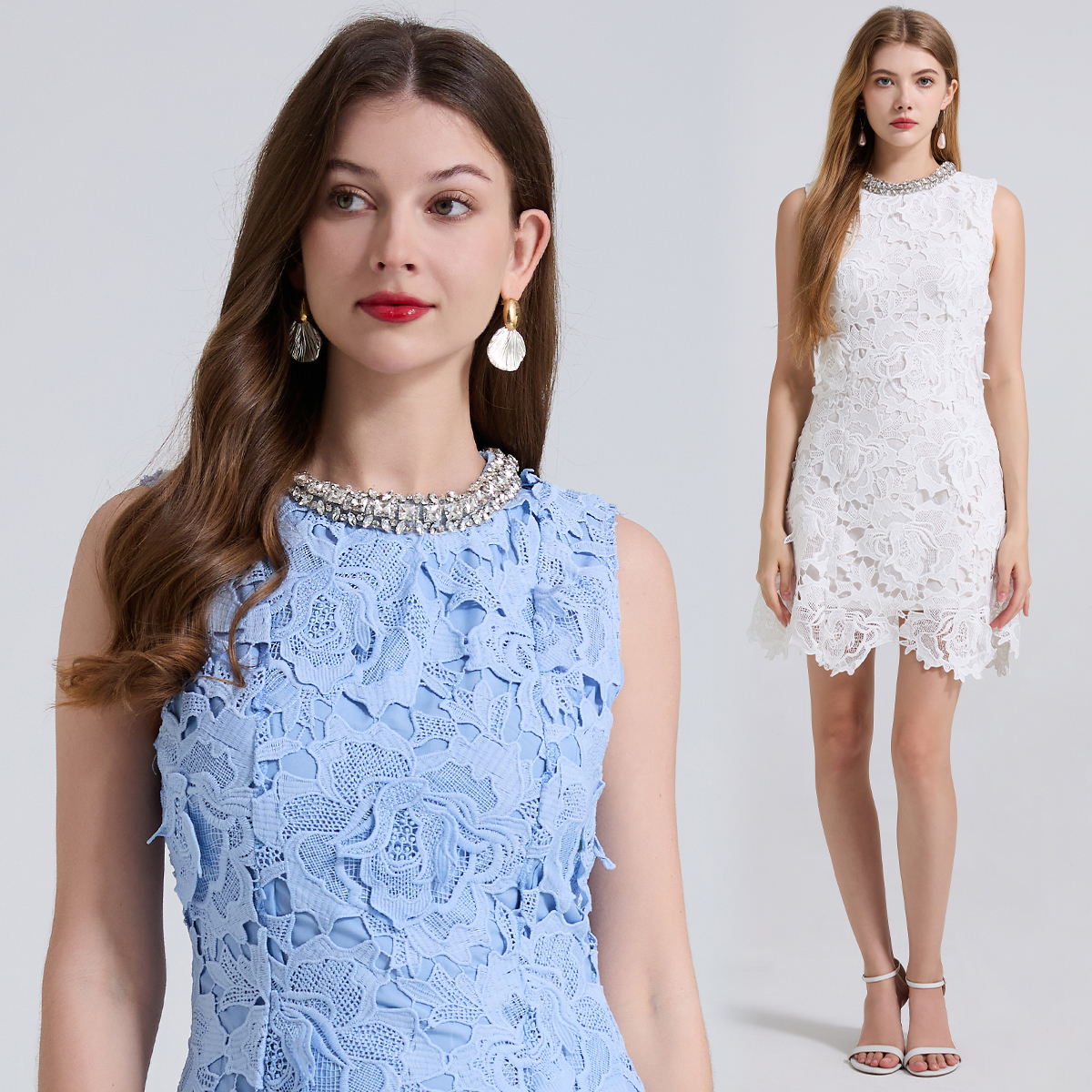 Realistic shooting of high-end three-dimensional flower hollow lace temperament, handmade nail bead round neck slim fit dress