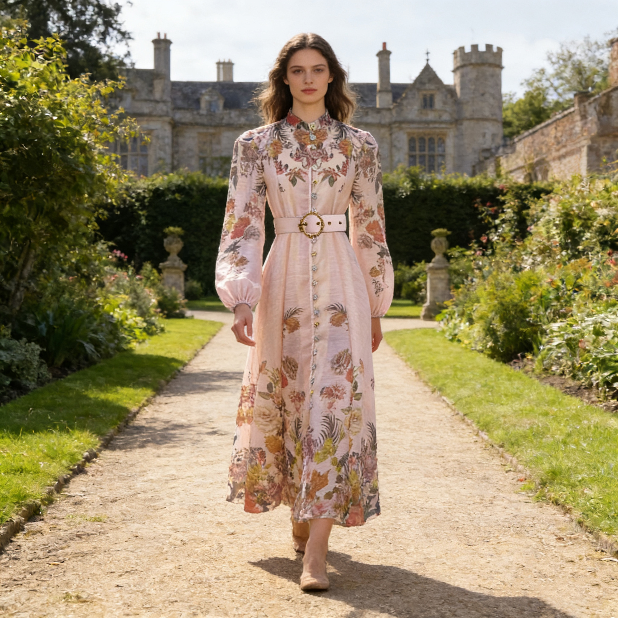 French high-end two-piece dress with retro print stand up collar lantern sleeves and waist cinching big swing dress, long skirt French high-end two-piece dress with retro print stand up collar lantern sleeves and waist cinching big swing dress, long skirt