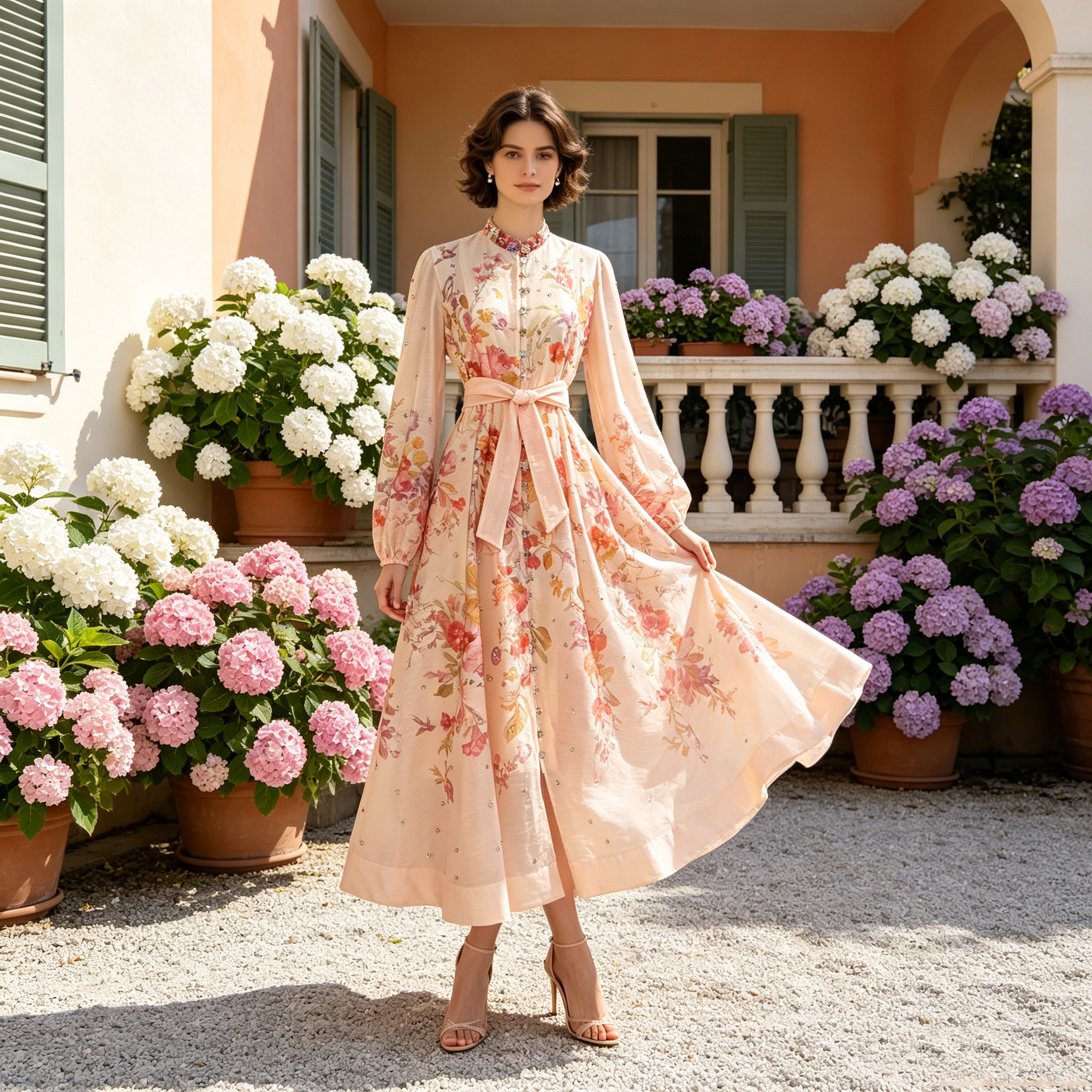 Australian retro print stand up collar lantern sleeves long sleeves heavy studded diamonds elegant socialite temperament two-piece dress long Australian retro print stand up collar lantern sleeves long sleeves heavy studded diamonds elegant socialite temperament two-piece dress long