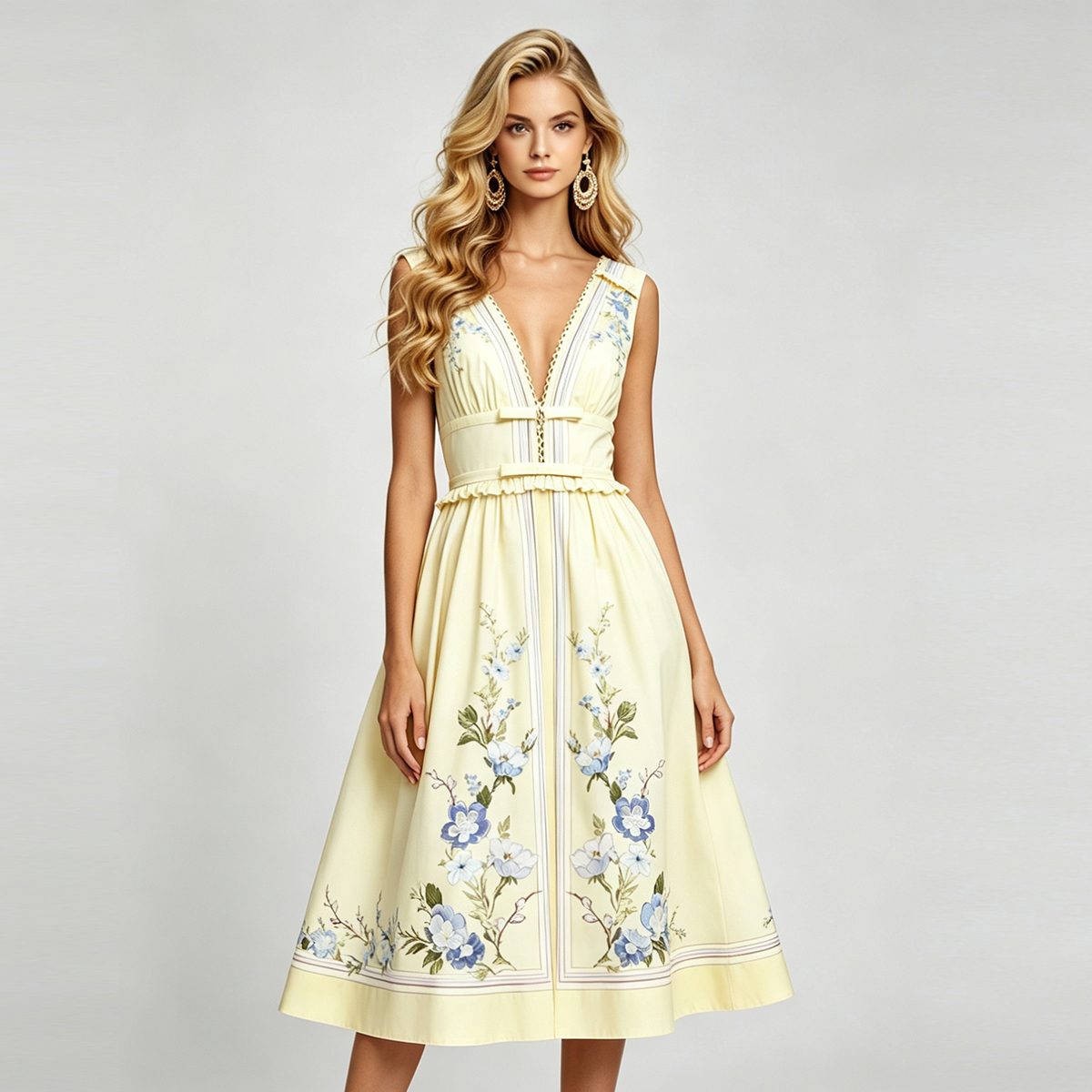 Real shot sexy V-neck bow ruffle hem slim fit waist cinching big swing dress sleeveless cotton linen A-line skirt Real shot sexy V-neck bow ruffle hem slim fit waist cinching big swing dress sleeveless cotton linen A-line skirt