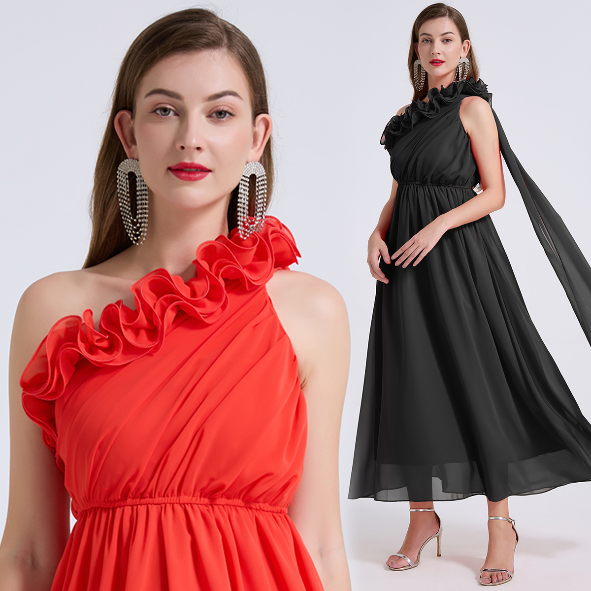 Real shot unique asymmetric strapless design, three-dimensional floral elastic high waisted dress with ribbon and large swing skirt