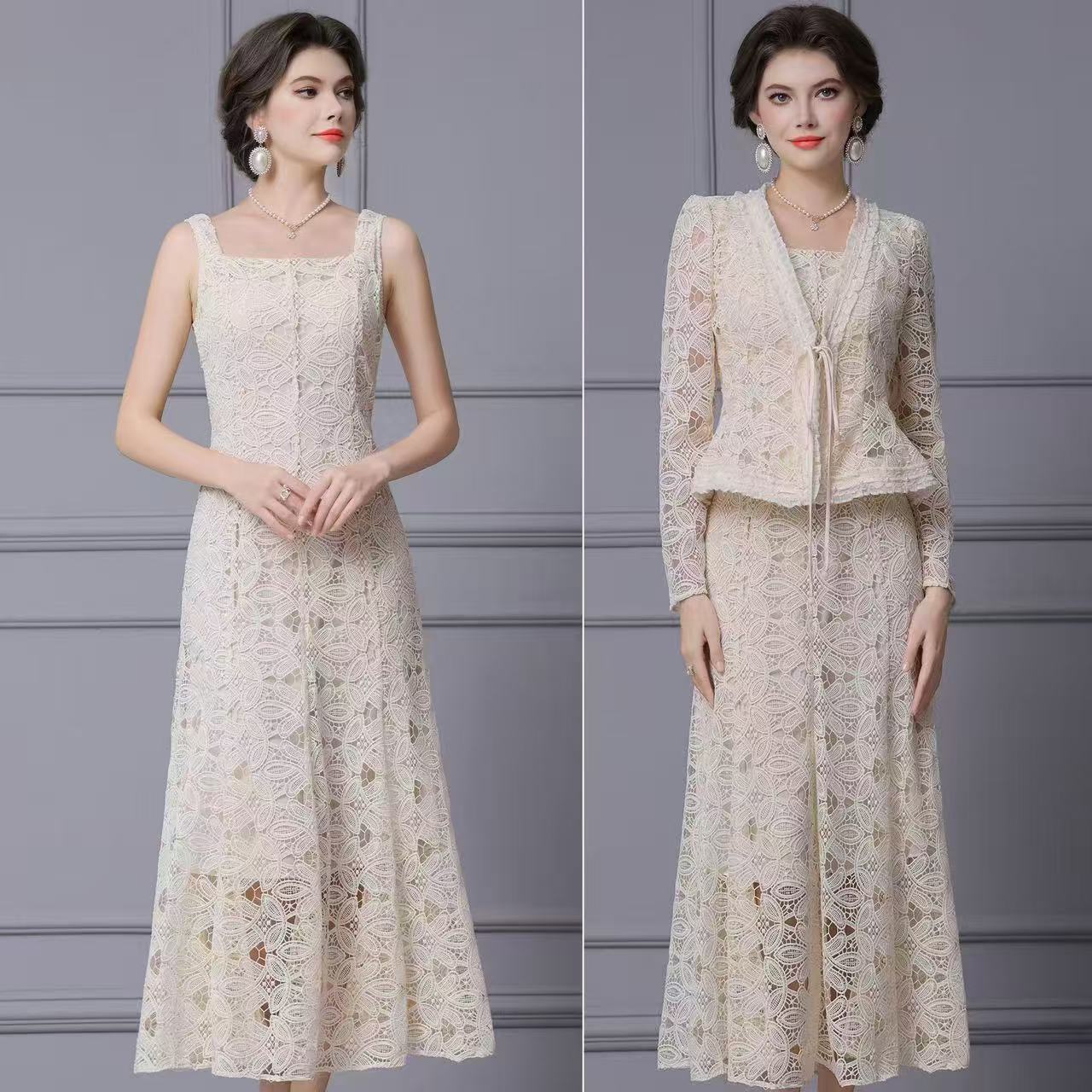 2026 Water soluble lace slim fit ruffle edge high waisted jacket two-piece dress set