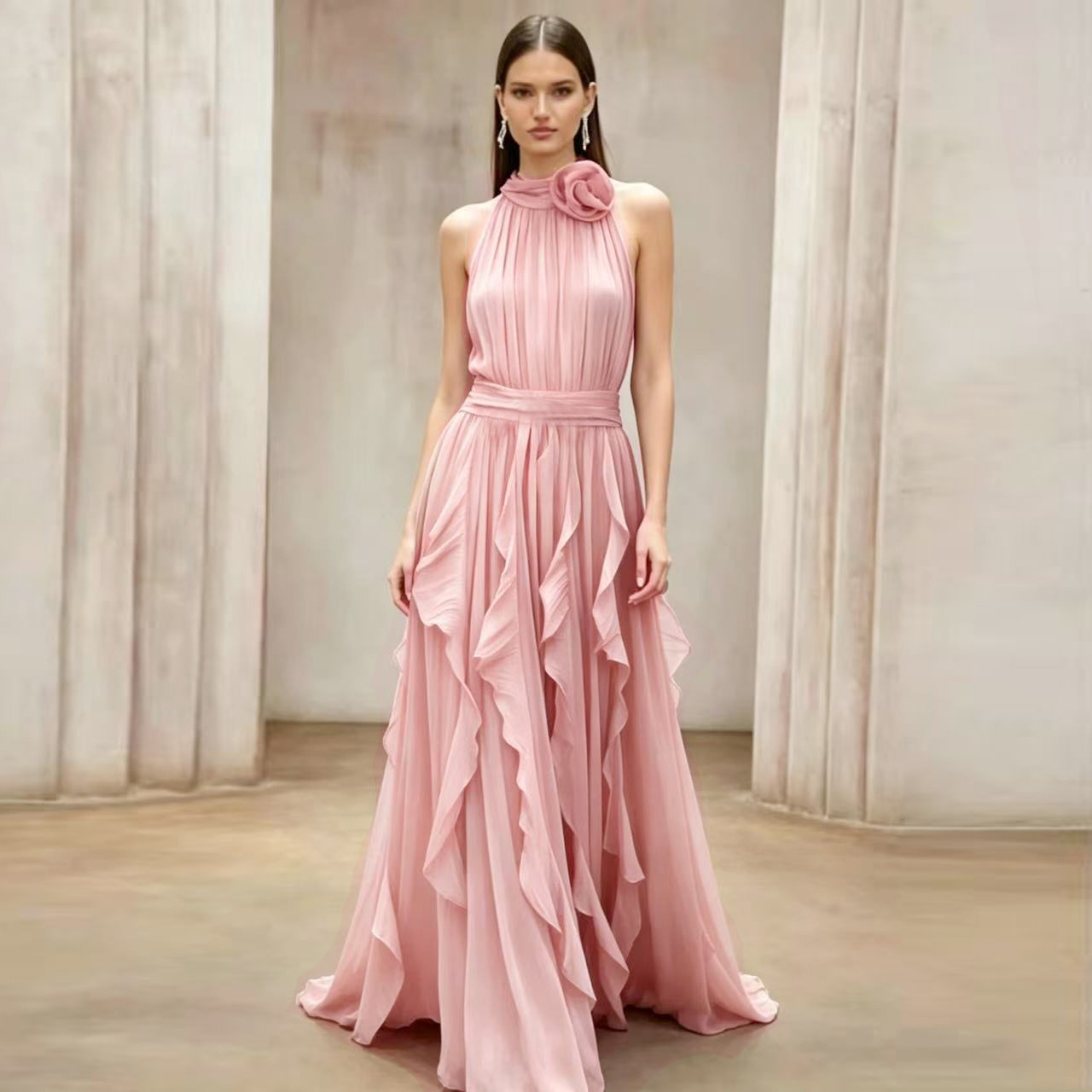 French retro style summer sleeveless flower decoration with ruffled edges, waist cinching, big swing dress, long skirt, flowing long skirt French retro style summer sleeveless flower decoration with ruffled edges, waist cinching, big swing dress, long skirt, flowing long skirt