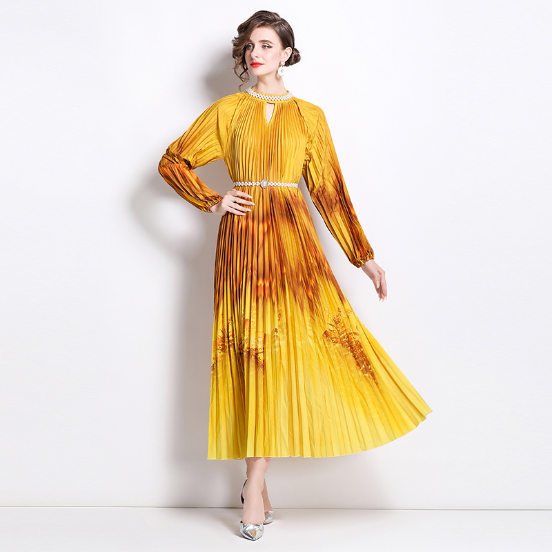 Original 2026 high-end nail bead positioning printed pleated pearl buckle pleated long skirt Original 2026 high-end nail bead positioning printed pleated pearl buckle pleated long skirt