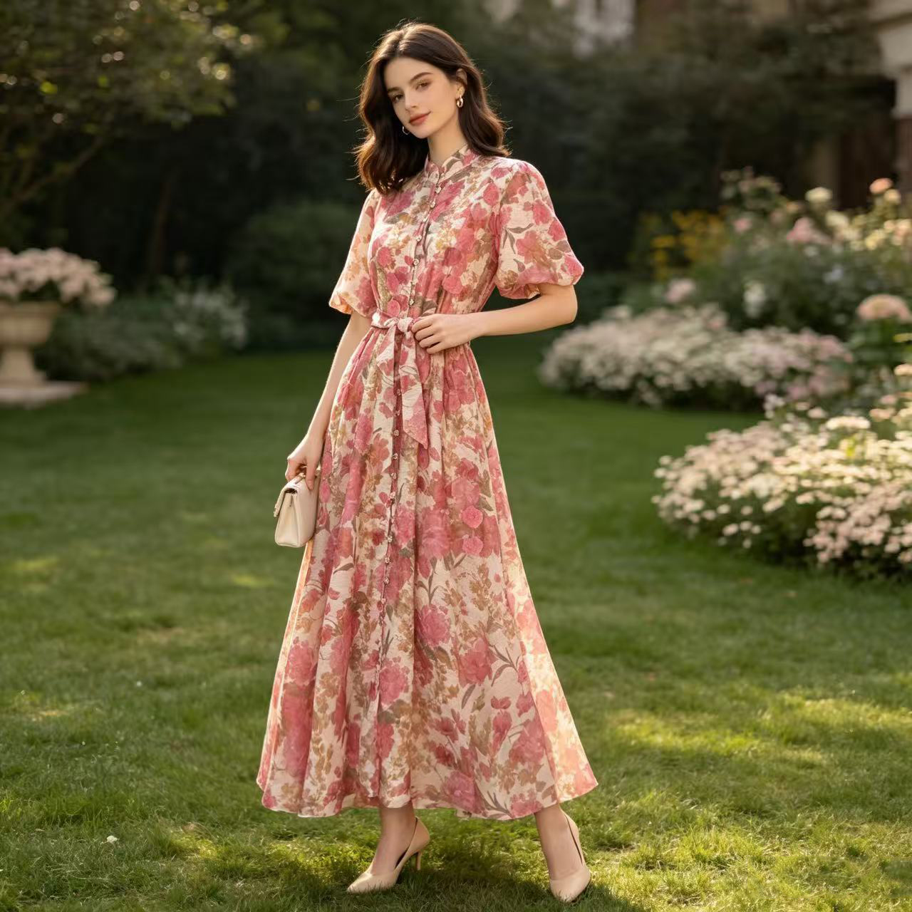 Australian summer new retro printed stand up collar single breasted heavy industry handmade flower decoration large swing dress long skirt Australian summer new retro printed stand up collar single breasted heavy industry handmade flower decoration large swing dress long skirt