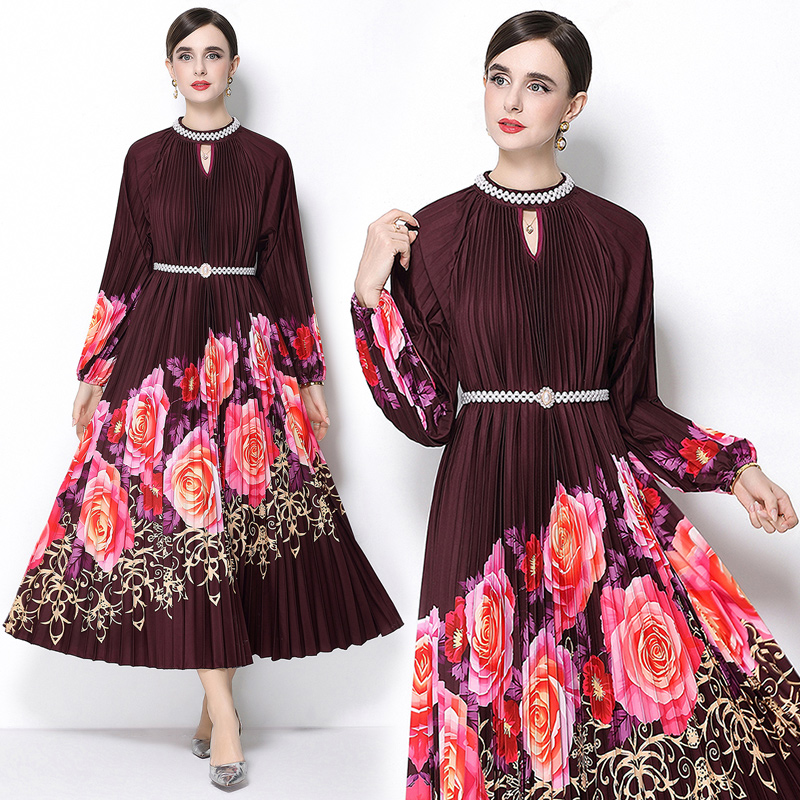 Original 2026 high-end nail bead positioning printed pleated pearl buckle pleated long skirt
