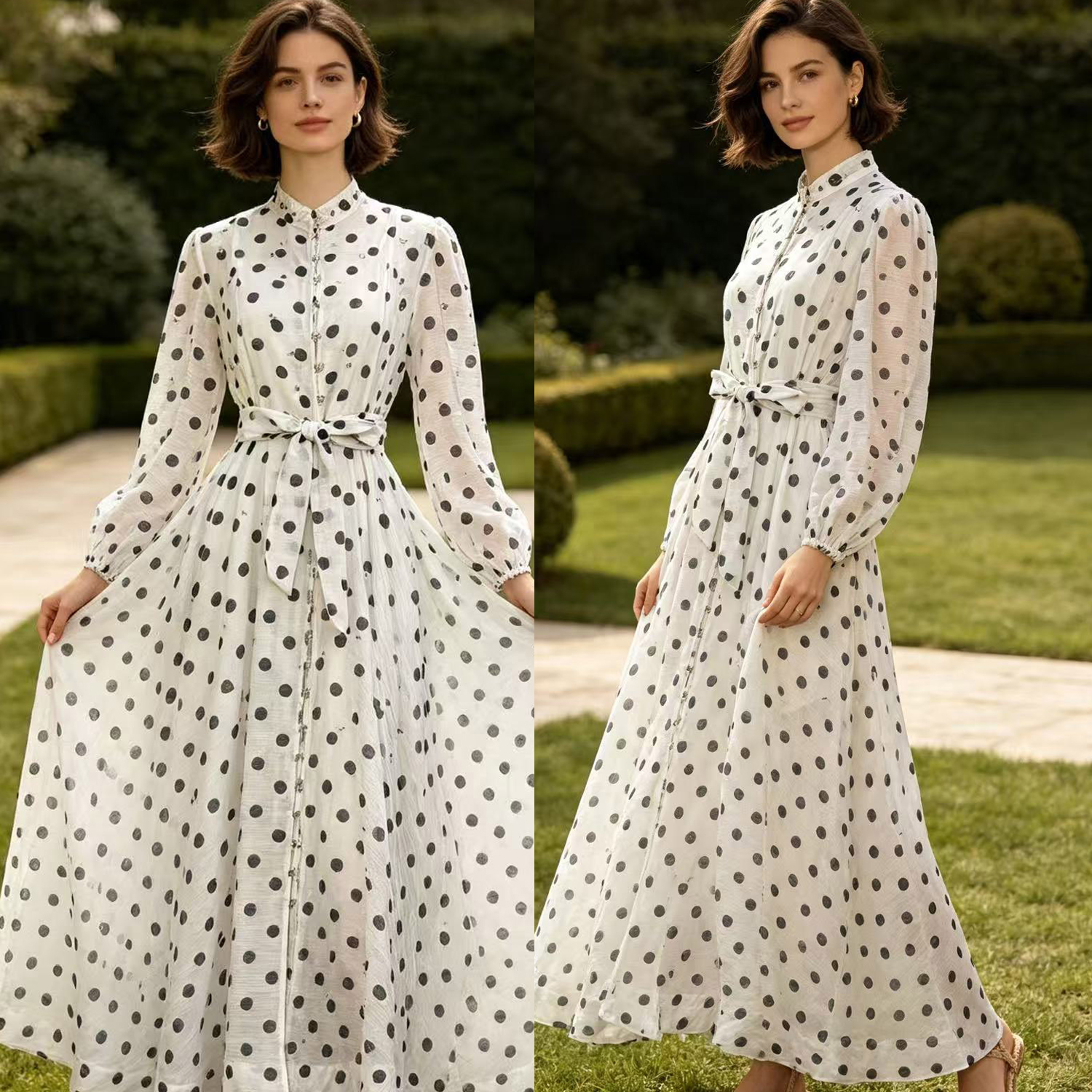 Australian retro print stand up collar lantern sleeves long sleeves heavy studded diamonds elegant socialite temperament two-piece dress long Australian retro print stand up collar lantern sleeves long sleeves heavy studded diamonds elegant socialite temperament two-piece dress long