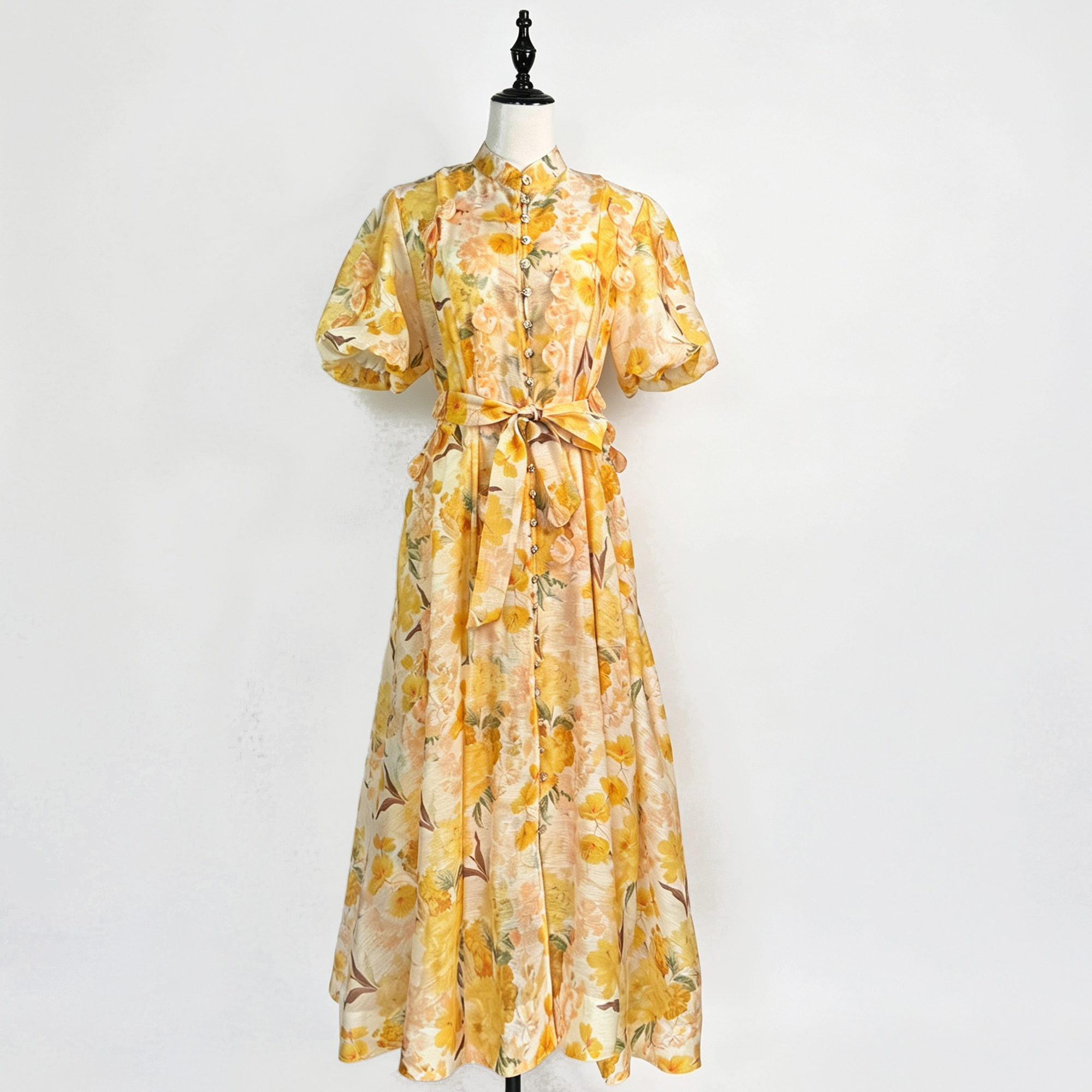 Australian summer new retro printed stand up collar single breasted heavy industry handmade flower decoration large swing dress long skirt Australian summer new retro printed stand up collar single breasted heavy industry handmade flower decoration large swing dress long skirt