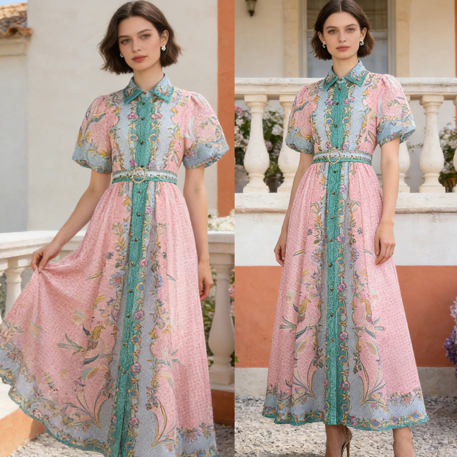 Australian retro printed elegant socialite temperament with a lapel and bubble sleeves, short sleeved summer waist slimming dress, long skirt Australian retro printed elegant socialite temperament with a lapel and bubble sleeves, short sleeved summer waist slimming dress, long skirt