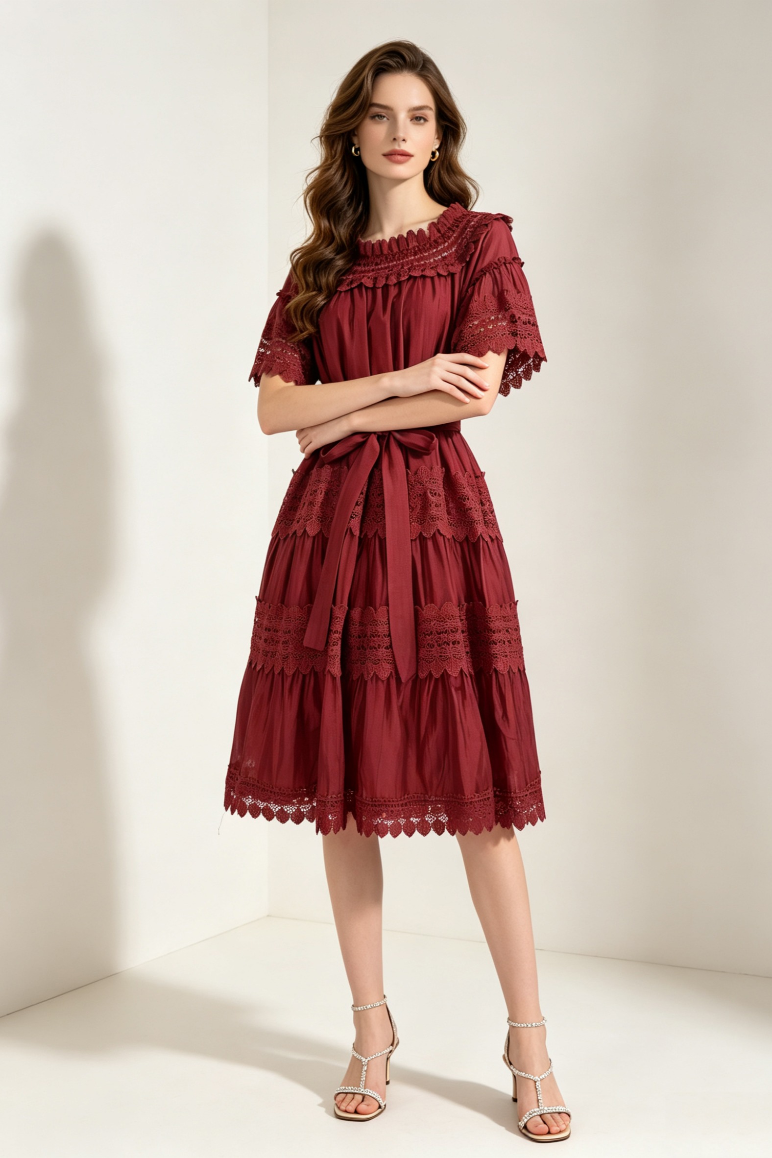 French court style embroidered hollow short sleeved one shoulder large swing skirt with waist cinching and tie up khaki A-line skirt short skirt French court style embroidered hollow short sleeved one shoulder large swing skirt with waist cinching and tie up khaki A-line skirt short skirt