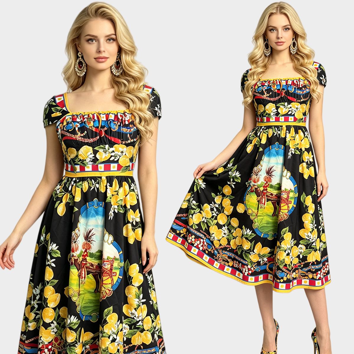 Oil colored floral high waisted pleated camisole slim fit dress with square collar and large swing A-line skirt