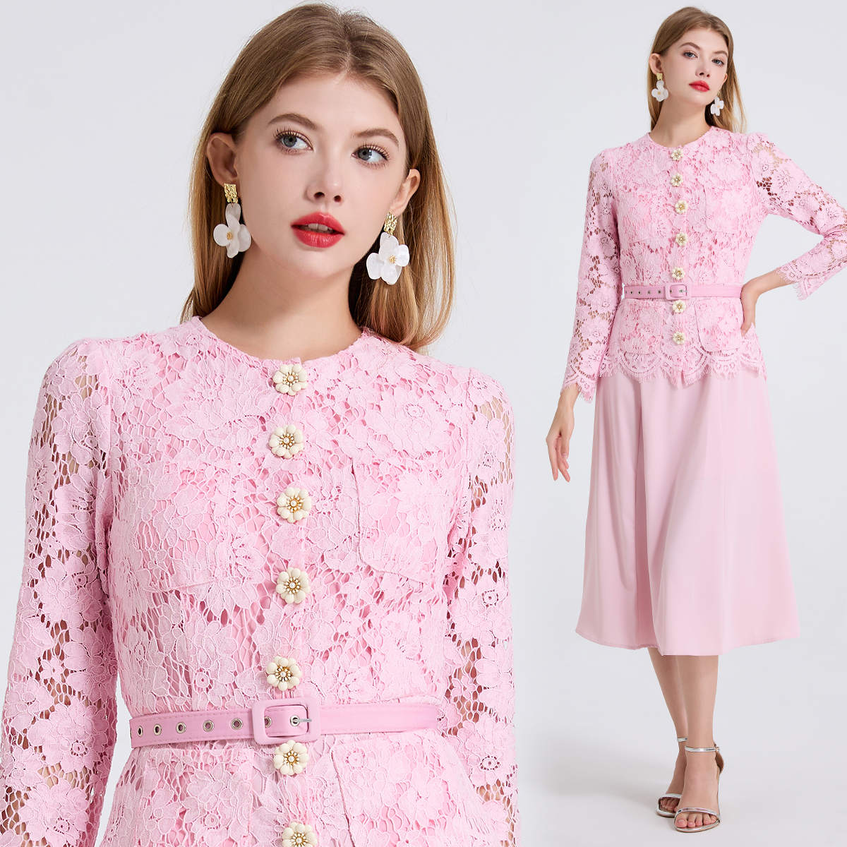 Real shot high-end lace round neck flower nail buckle patchwork dress long sleeved slim fit high waisted skirt