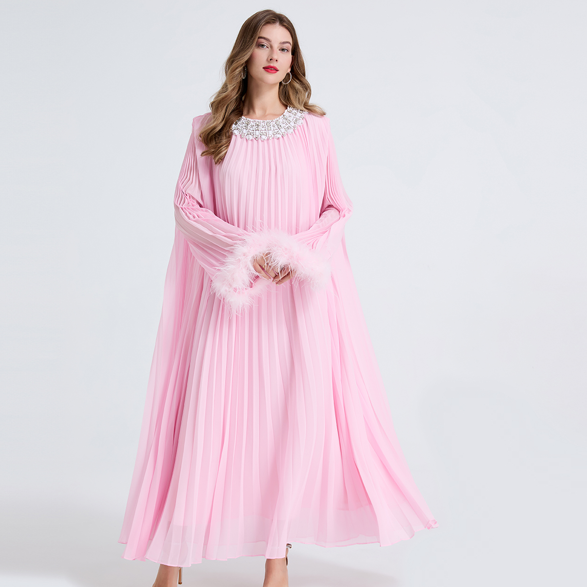 High version super heavy industry nail drill pleated large size oversized swing dress with real ostrich double hair and small waist belt as a gift High version super heavy industry nail drill pleated large size oversized swing dress with real ostrich double hair and small waist belt as a gift