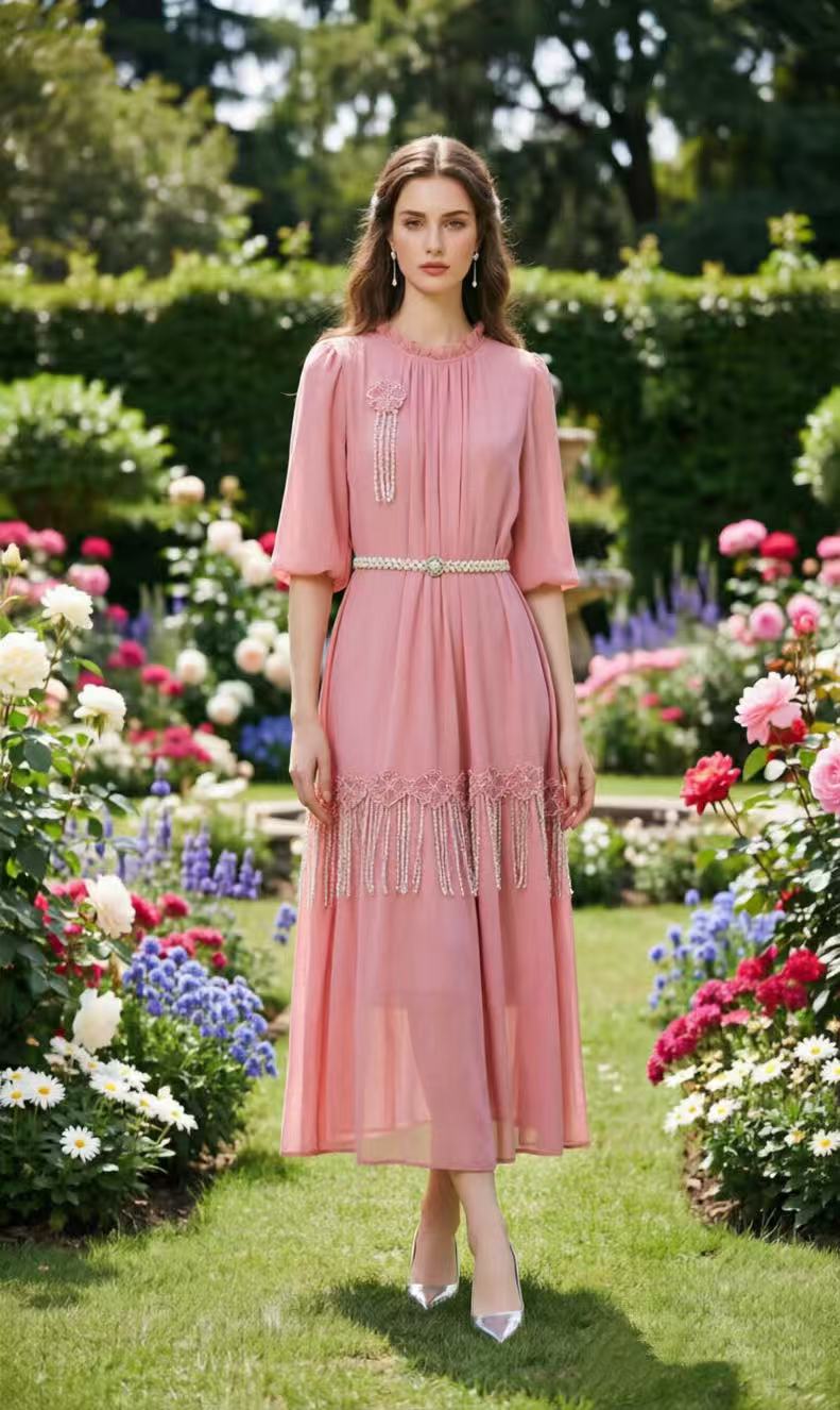French retro brick inlaid heavy industry handmade bead three-dimensional flower loose temperament tassel long skirt French retro brick inlaid heavy industry handmade bead three-dimensional flower loose temperament tassel long skirt