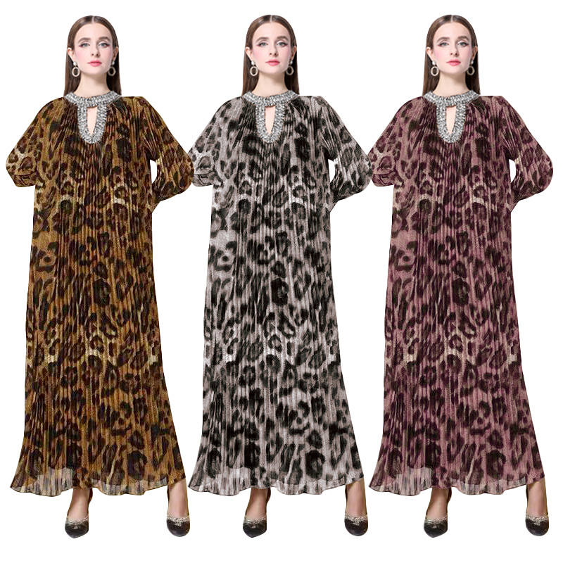 2025 European and American style heavy industry collar diamond inlaid leopard print dress