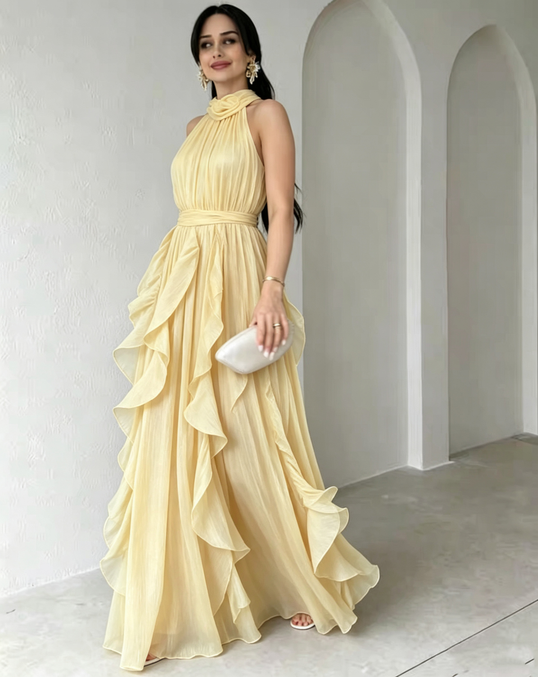French socialite elegant temperament with ruffled edges, pleated high waist, slim fit, sleeveless long dress, solid color, long skirt for women French socialite elegant temperament with ruffled edges, pleated high waist, slim fit, sleeveless long dress, solid color, long skirt for women