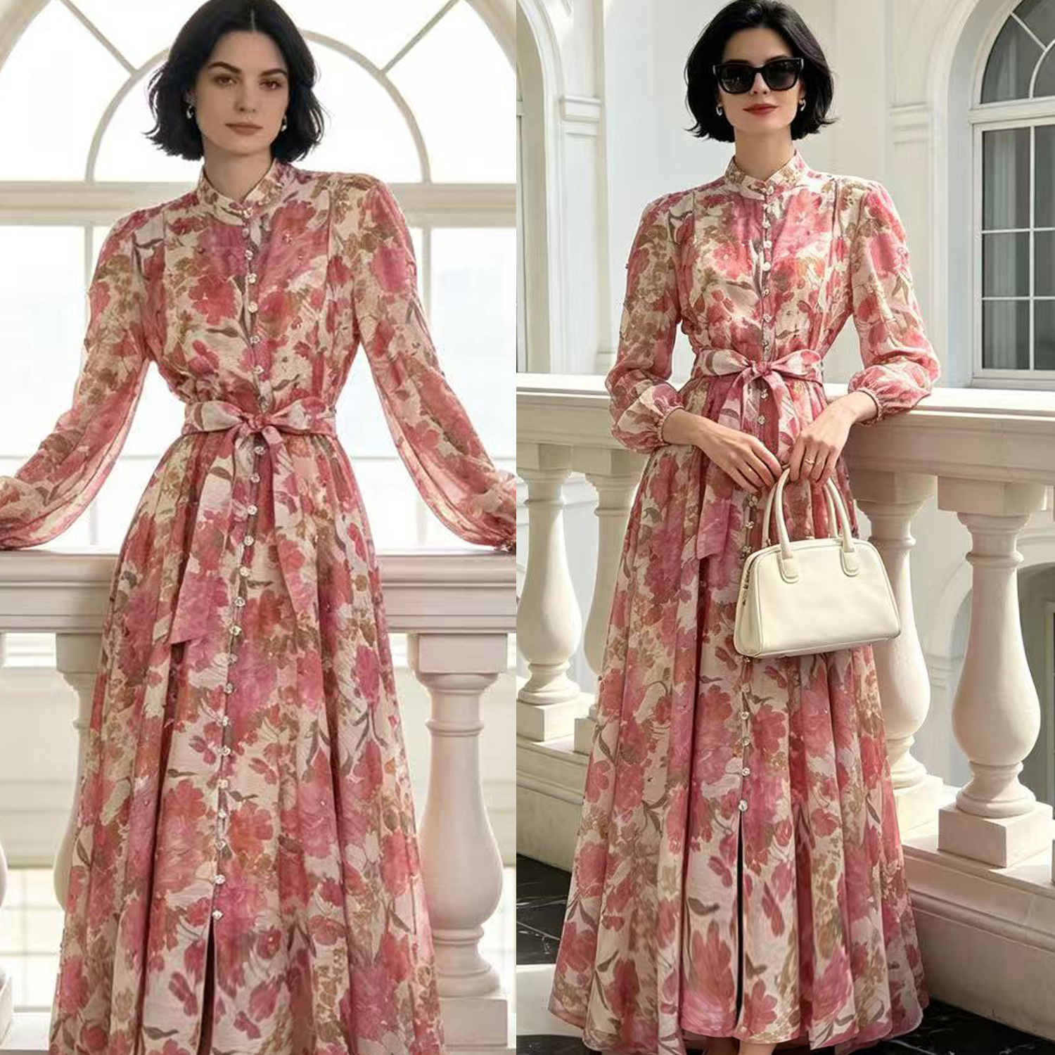 Australian retro print stand up collar lantern sleeves long sleeves heavy studded diamonds elegant socialite temperament two-piece dress long