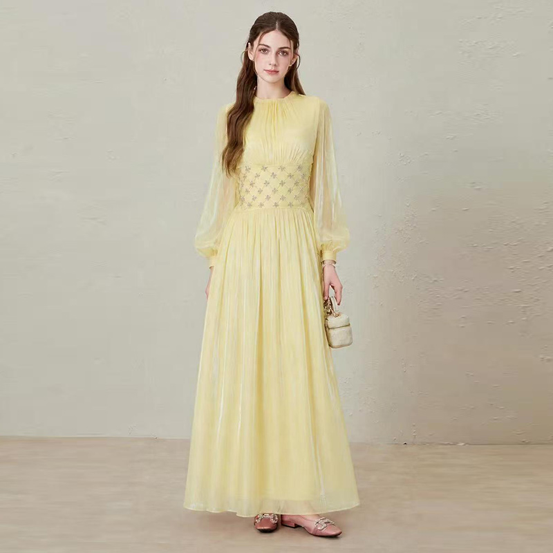 2026 glossy bubble long sleeved diamond grid nail drill waist pleated long skirt 2026 glossy bubble long sleeved diamond grid nail drill waist pleated long skirt