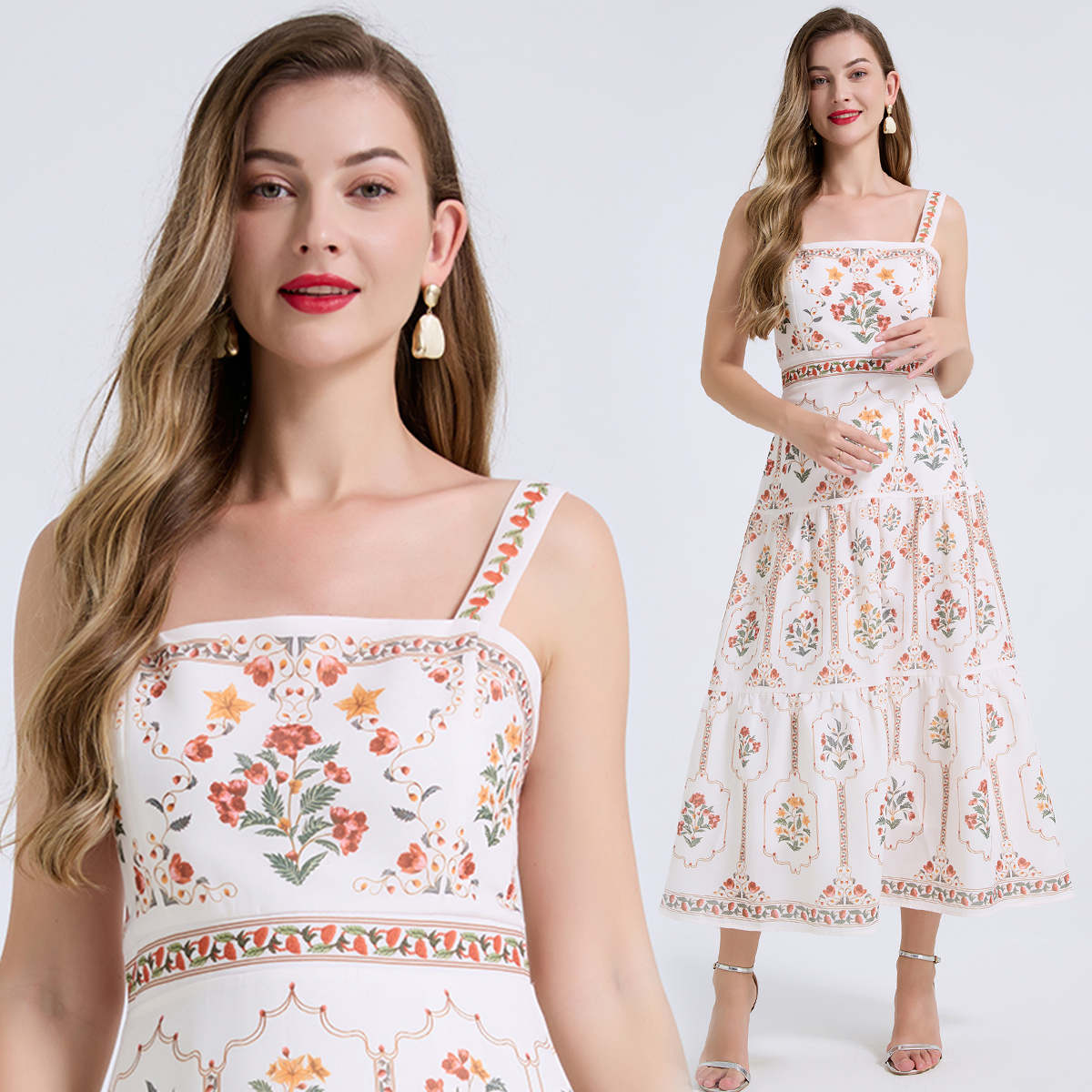 Real shooting of summer new product positioning: printed camisole vest, cotton and linen dress, high waist slim fit A-line skirt