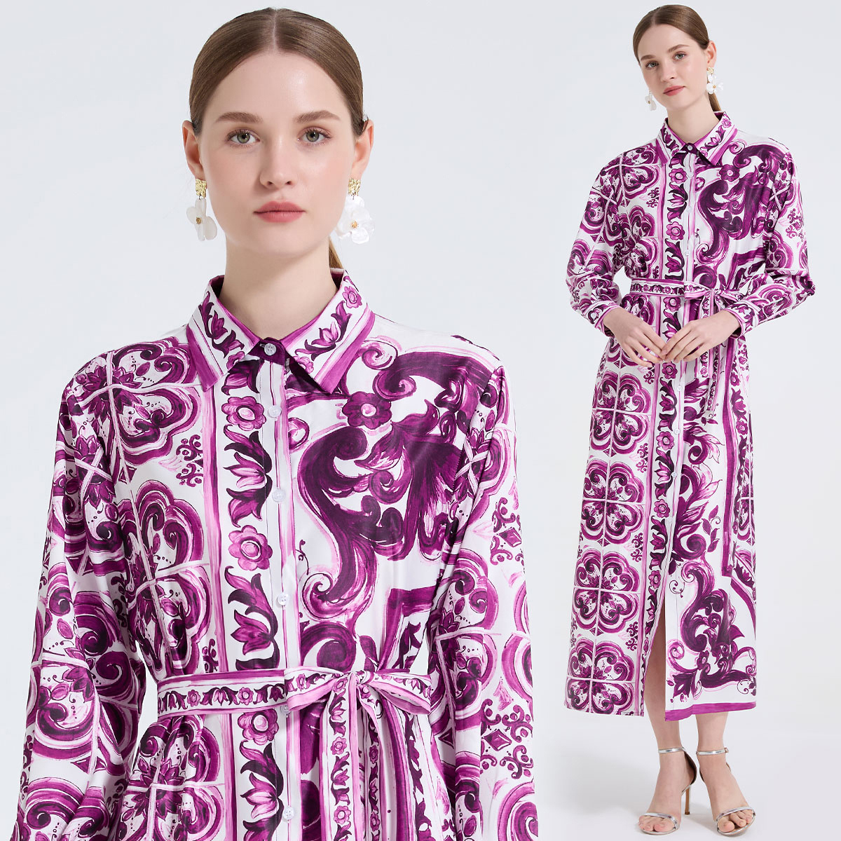 Real shot retro Baroque positioning printed purple tone shirt skirt with lapel tie and waist cinching, slimming long skirt