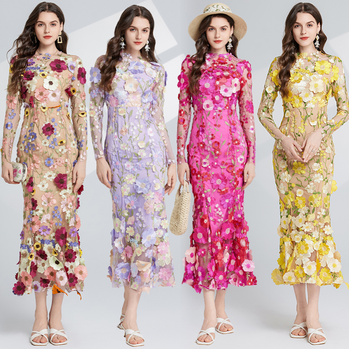 Real shot French light luxury heavy embroidery three-dimensional flower waist cinched long sleeved dress slim fishtail skirt