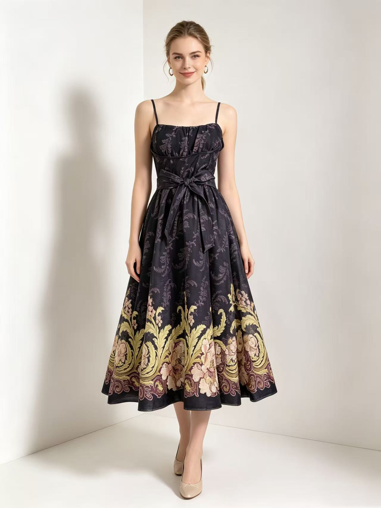 New retro printed sleeveless camisole high waisted dress for 2026 summer in Australia, suitable for vacation, large display, tea break, and long skirt New retro printed sleeveless camisole high waisted dress for 2026 summer in Australia, suitable for vacation, large display, tea break, and long skirt