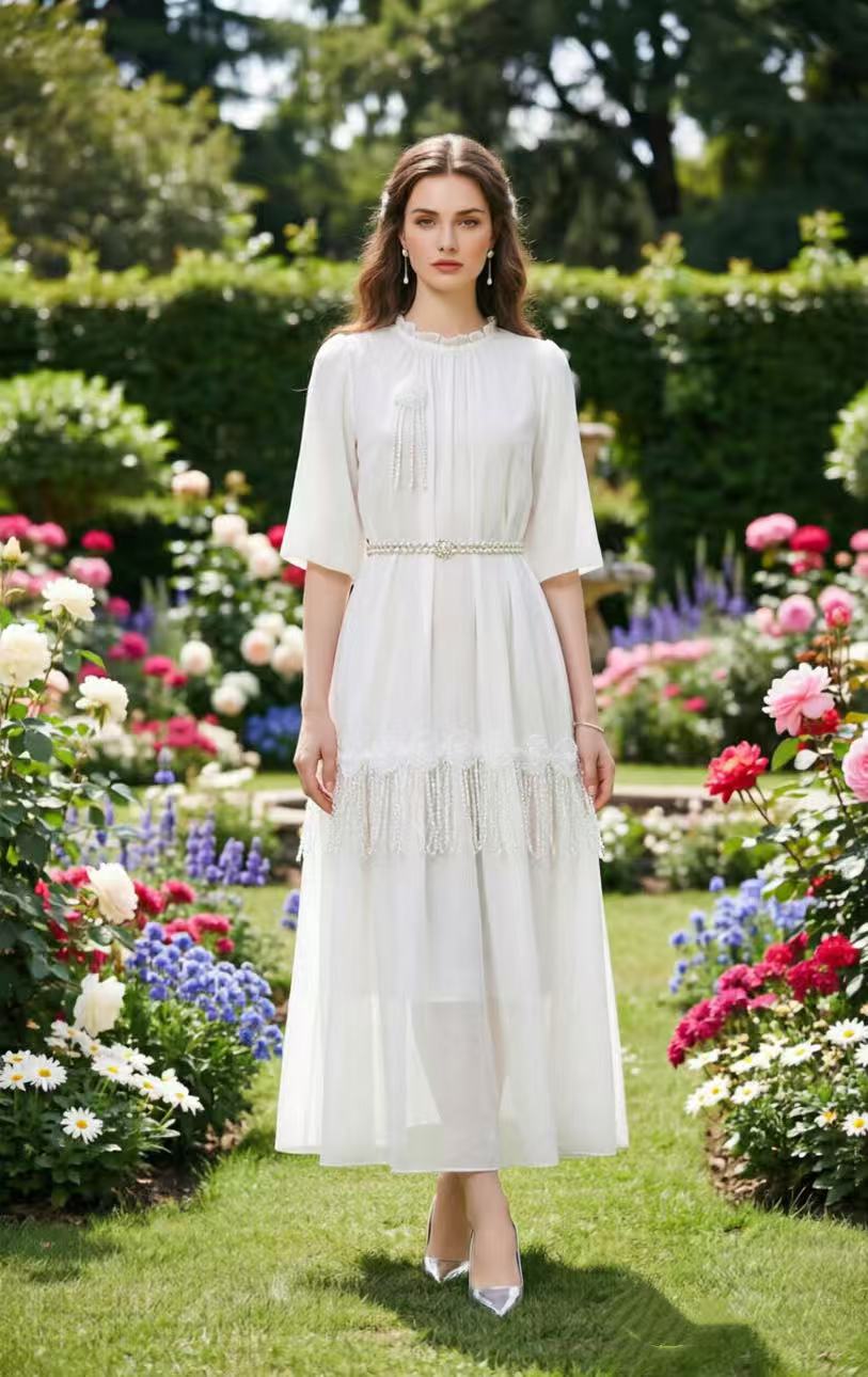 French retro brick inlaid heavy industry handmade bead three-dimensional flower loose temperament tassel long skirt