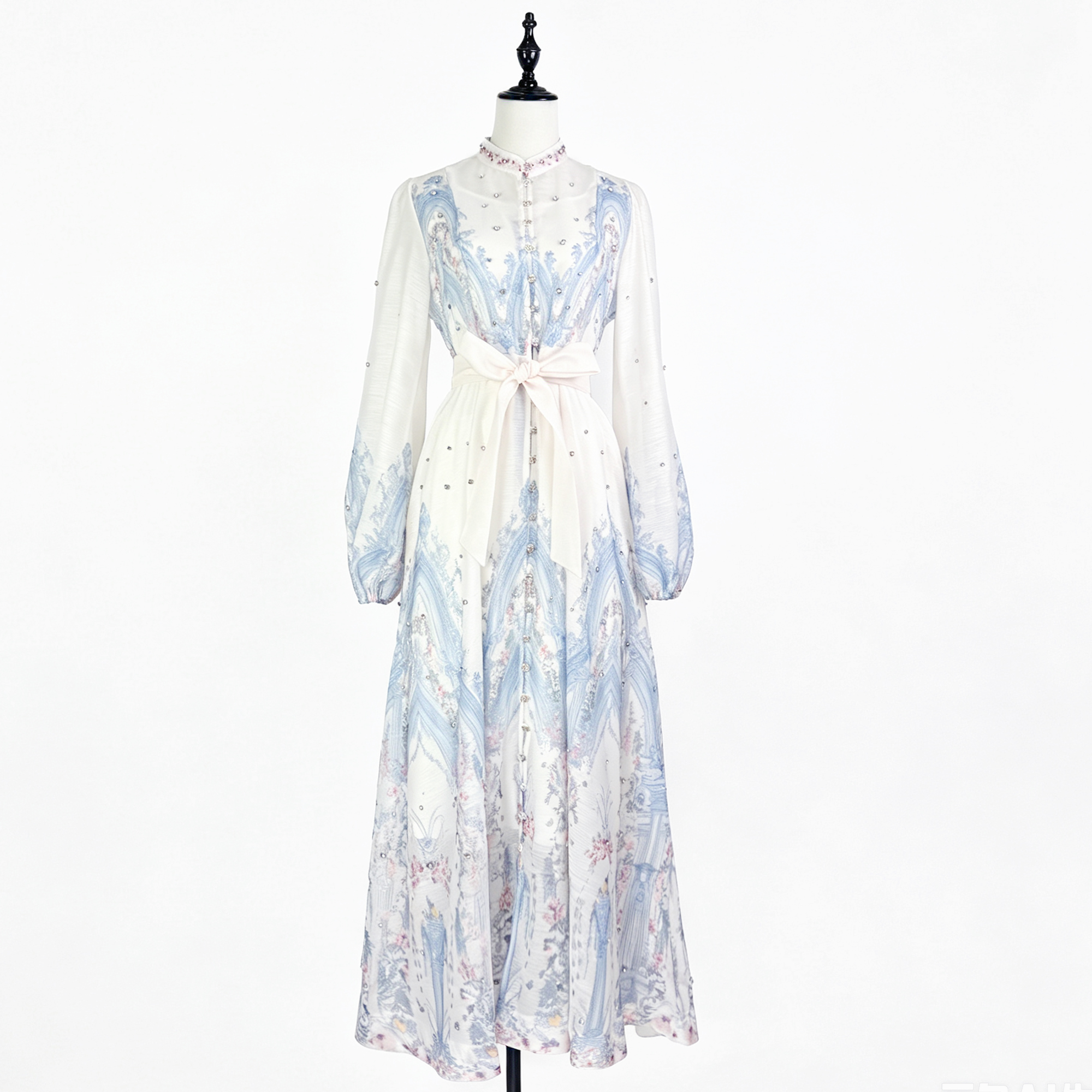 Classic European and American style women's clothing with polka dot stand up collar, single breasted lantern sleeves, heavy-duty nail drill waist cinching, large swing dress, long skirt Classic European and American style women's clothing with polka dot stand up collar, single breasted lantern sleeves, heavy-duty nail drill waist cinching, large swing dress, long skirt