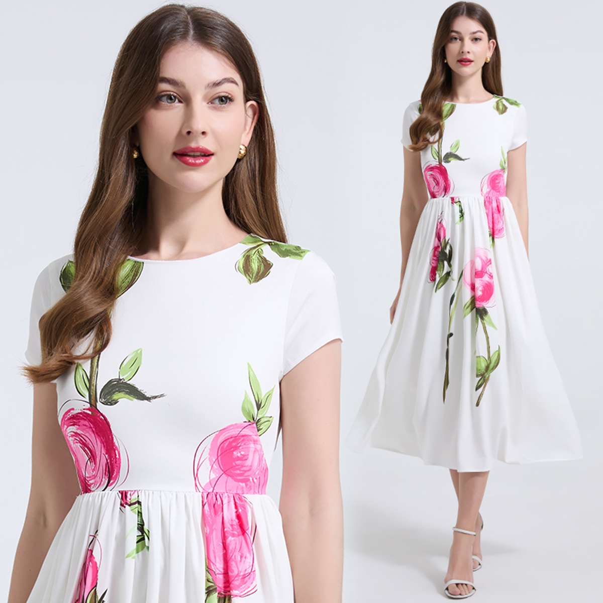 Real shot retro pink flower waist cinching slimming big swing dress elegant temperament anti-aging short sleeved skirt
