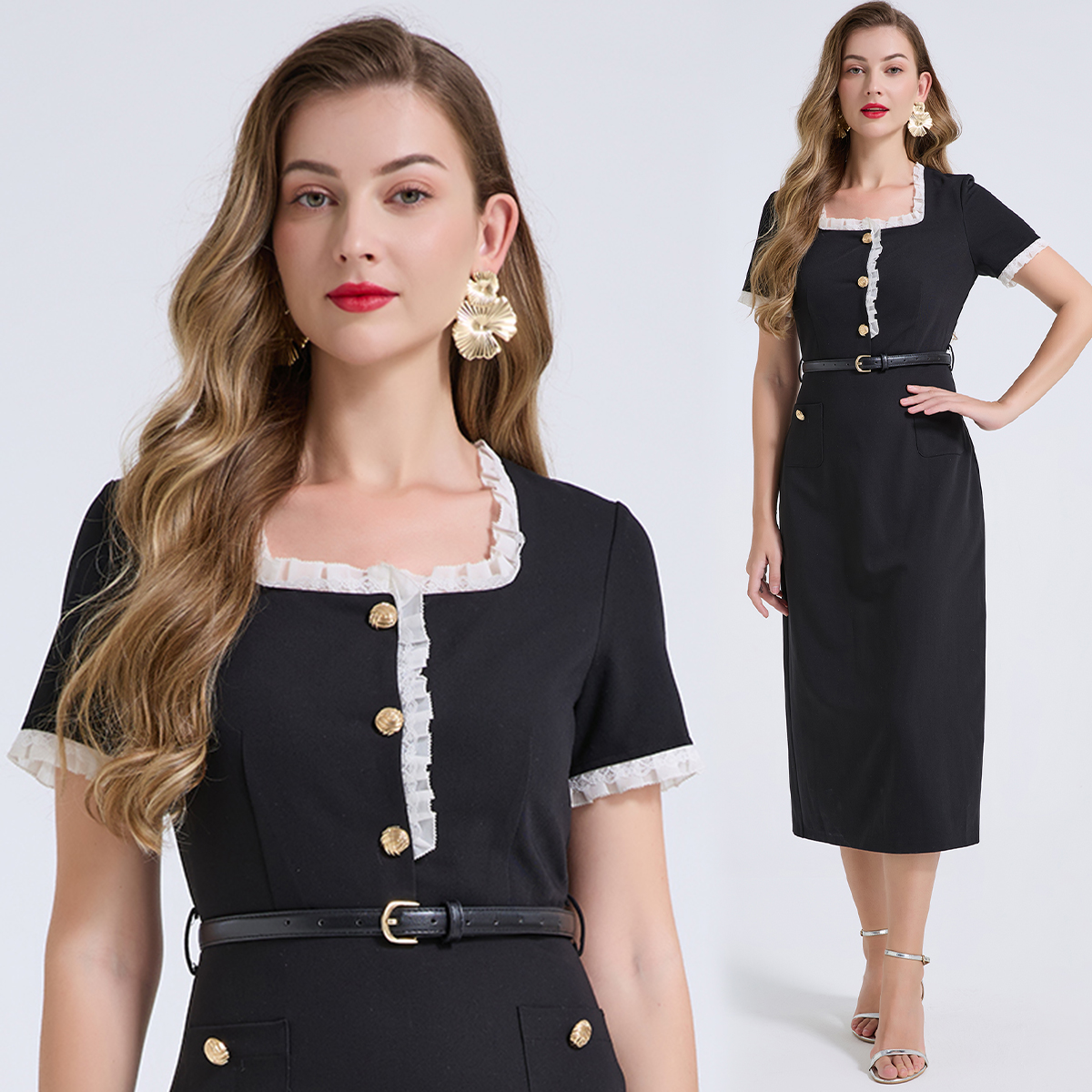 Realistic shooting of temperament, lace splicing, lace square collar, slim fit, high waisted commuting dress, waist cinched short sleeved skirt